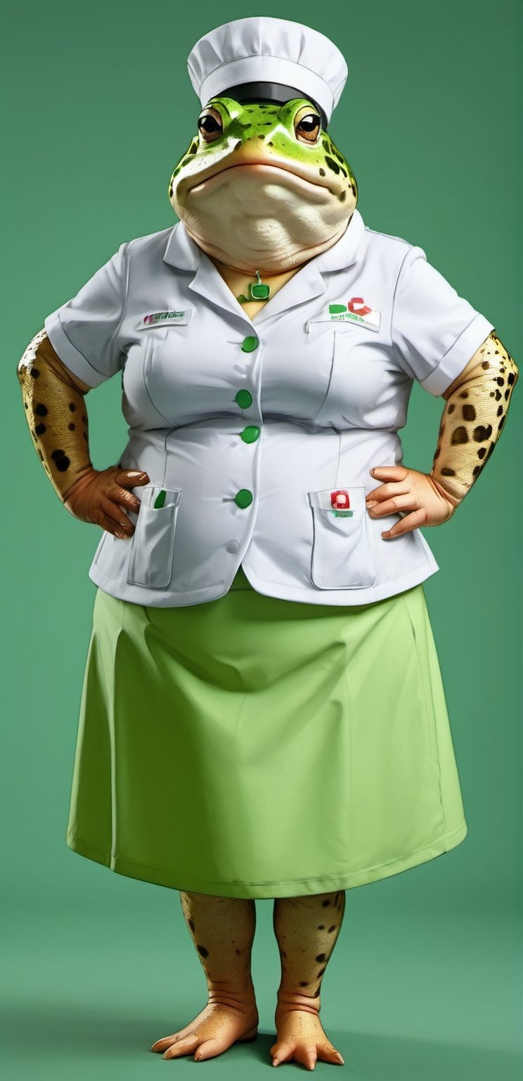  portrait of Dressed animals - a ((fat)) cute toad nurse,(hands on hips:1.5 ),(closed mouth), high quality,(lovely) ,intricate details, highly detailed (( green nurse costume)), wearing nurse cap and skirt , highly detailed medical equipment , (happy), studio lighting,(),(simple background)