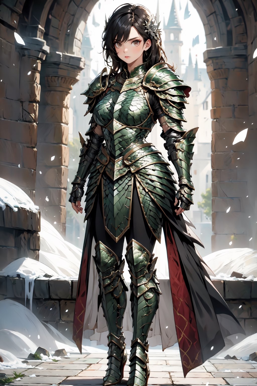 Beautiful 27 year old woman, (brown eyes), ((strong physique body)), (black hair), long_hair:1.3, , bangs, (serious look), hourglass body shape, detailed eyes, normal breasts quality, slim waist, (strong physique), upper body , gauntlets, (detailed armor), lower body armor, black cape, broken stone floor, broken stone wall, snow falling, ((full-body_portrait)), (evil aura around her), Commander of knights,dragon armor