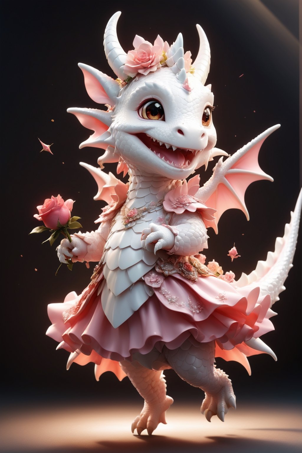 portrait of cute dragon,(dynamic  pose), high quality,(happy atmosphere) ,holding a red rose,smile, , (wind effect), red roses background,sun light,(full body image:1.5),,,cute dragon,