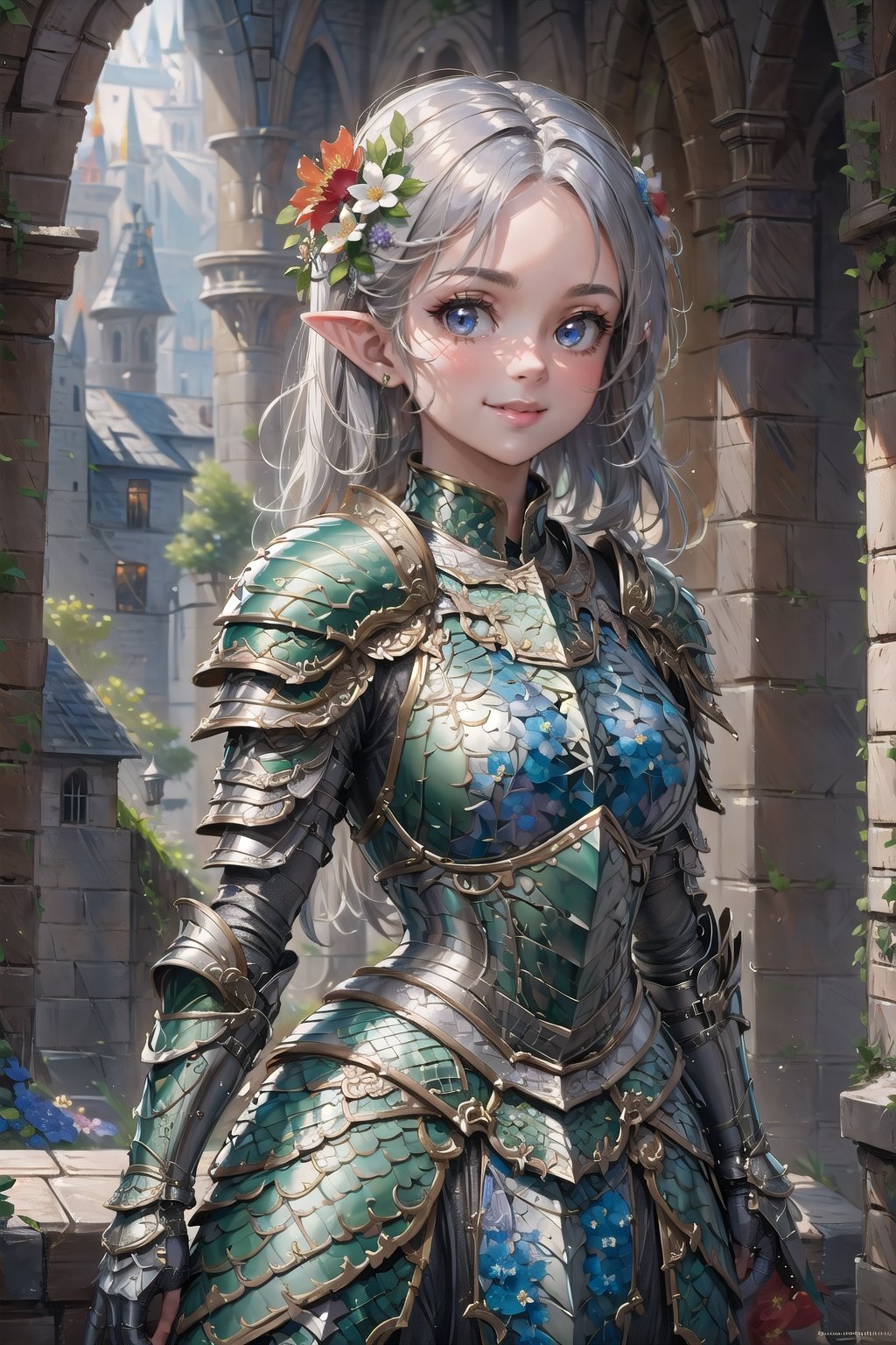 (masterpiece, best quality), (ultra detailed),(absurdres), 1 girl wearing armor,(baby face:1.1),pointy ears,right blown hair,kindly smile,(flower:1.4),Matte Painting,upper body,(fantasy world),stone buildings,dragon armor