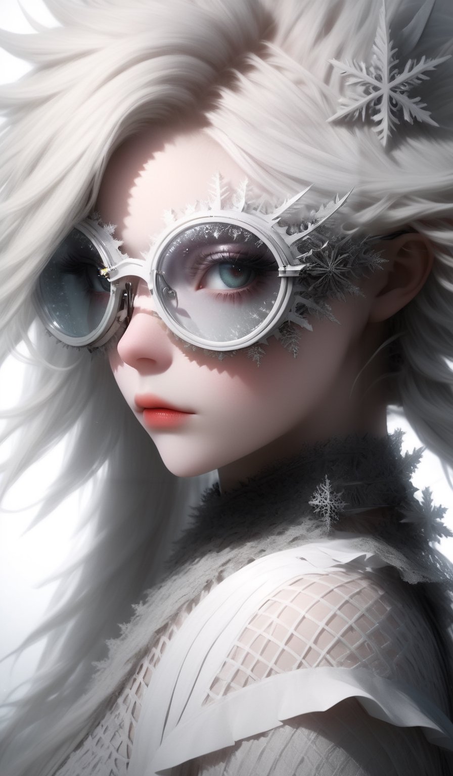 1 girl, (masterful), albino demon girl with lethargic sleepy smokey eyes,wearing snowflake glases,(from side:1.5),(white dreadlocks hair),((slit pupil eyes)),mesh fishnet blouse, (long intricate horns:1.2) ,
best quality, highest quality, extremely detailed CG unity 8k wallpaper, detailed and intricate, 
,steampunk style,Glass Elements,sfglasses