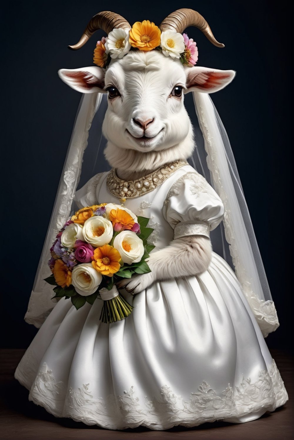  portrait of Dressed animals - a ((fat)) baby goat,(elegant pose),(closed mouth),(frurry), high quality,(lovely) ,intricate details, highly detailed ((wedding dress)),wearing opera globes ,wearing highly detailed veil, highly detailed decorations ,holding flower bouquet, (happy), studio lighting,(full body image:1.5),comic book