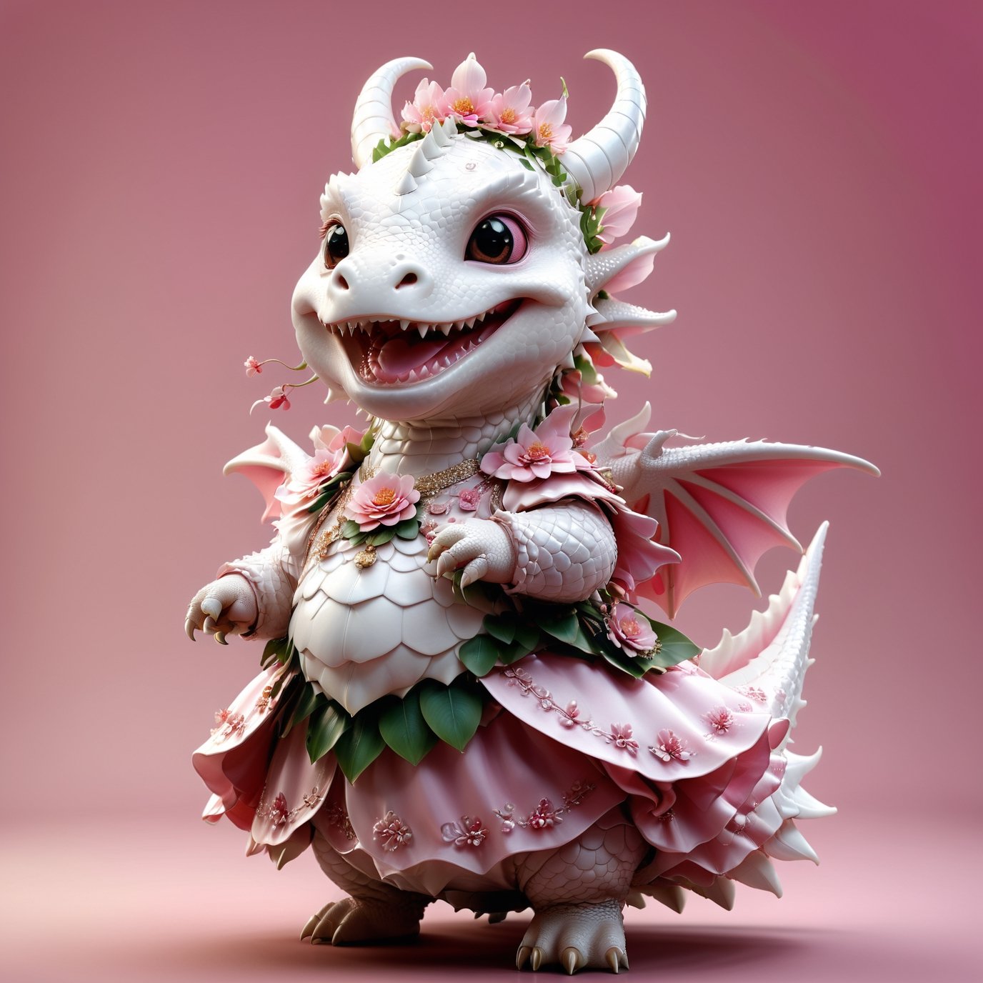 photorealistic portrait of Dressed animals - a fat baby white dragon maid,(dancing pose), high quality,(lovely) ,intricate details, highly detailed pink((princess dress)) ,big smile,highly detailed flower decorations, long tail , (happy ), studio lighting,(half body image:1.5),more detail XL,(viewed from side:2.0),cute dragon