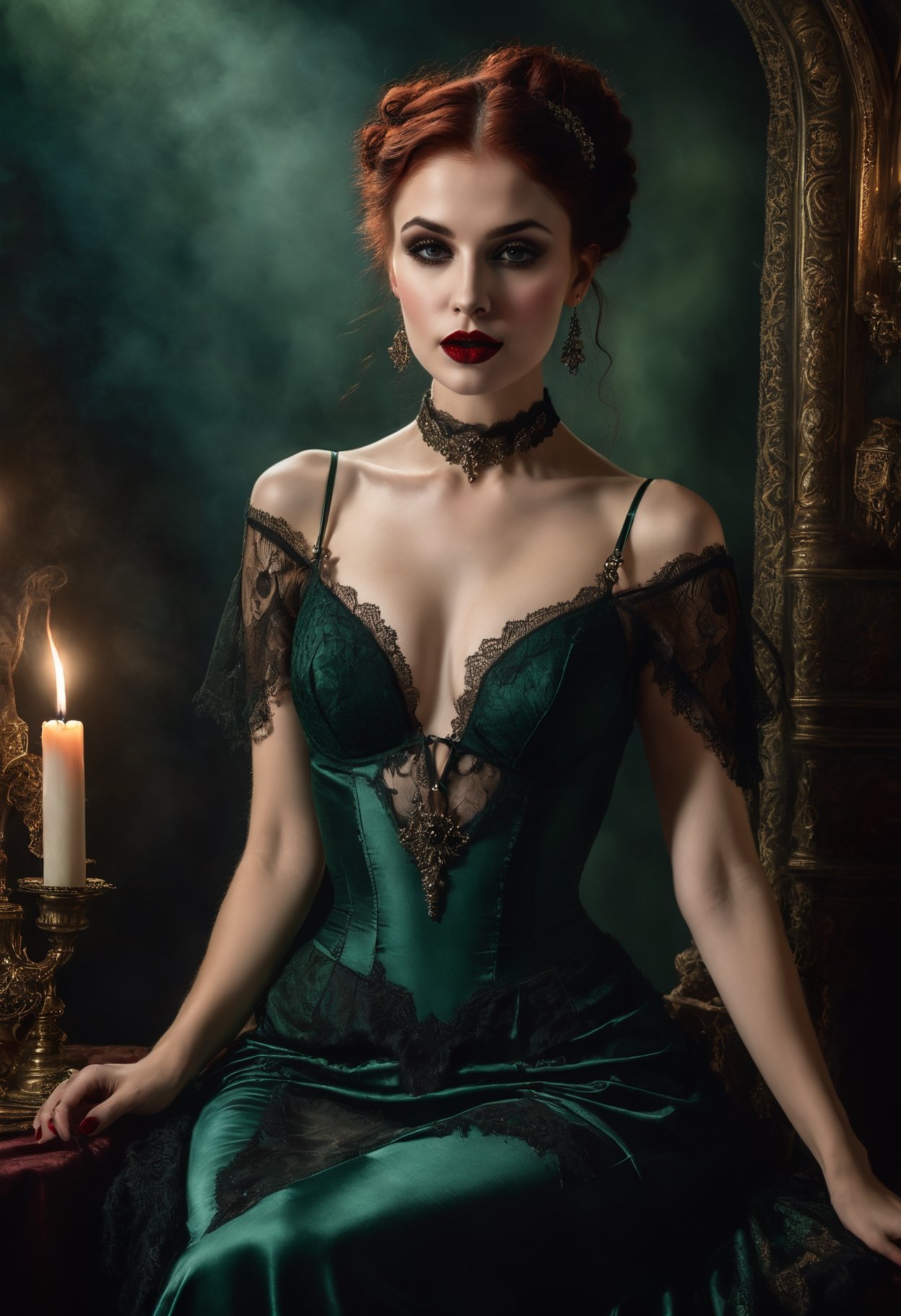 a photo of a beautiful seductive vampire evelynnobodysd15 at night, (on all fours:1.2), narrow hips, thin legs, (thin thighs, petite, slim, slender, skinny:1.3), beautiful eyes, mascara, eye shadow, (realistic textured skin, skin pores:1.3), flawless face, (pale skin, pallid skin:1.2), (blood red lips:1.1), wicked smile, dark, alluring, sexy, stunning, gorgeous, (wearing intricate elaborate hunter green lacy gown:1.3) and (wearing intricate elaborate lingerie:0.8), lace, embroidery, ruffles, silk, satin, lace stockings, garters, garter straps, jewelry, lace choker, necklace, earrings, (empty hands:1.3), (at a strange dinner party:1.1), highly detailed background, volumetric lighting, subsurface scattering, (analog style), (full torso), (photorealistic:1.6), (raw, 8k:1.2), (best quality, highest quality, masterpiece:1.3), (fantasy art), (style oil painting:1.5), DarkFantasy, ,DonMn1ghtm4reXL,HZ Steampunk,steampunk style