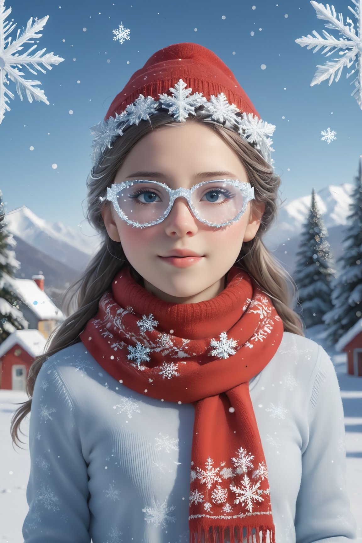 
In this Christmas scene, a petite girl stands alone in the snowy landscape. She wears a red Christmas hat, and her long hair dances in the chilly breeze.wearing snowflake glasses, Wrapped in a deep red wool sweater, her scarf is adorned with delicate snowflake patterns.

The cold air tinges her cheeks with a slight rosy hue, while her eyes sparkle with warm anticipation. The slightly upturned face reveals a hope for the Christmas miracle. Snowflakes create a silver crown on her hair, as if crafting an ice and snow tiara for her.

Though her hands are not visible from behind, her posture exudes tranquility and expectation. Surrounding her is a silver-clad snowy scene, with a Christmas tree adorned with dazzling lights and gifts. The entire scene emanates warmth and joy, as if the magic of Christmas is about to unfold around her.,snowflake glasses