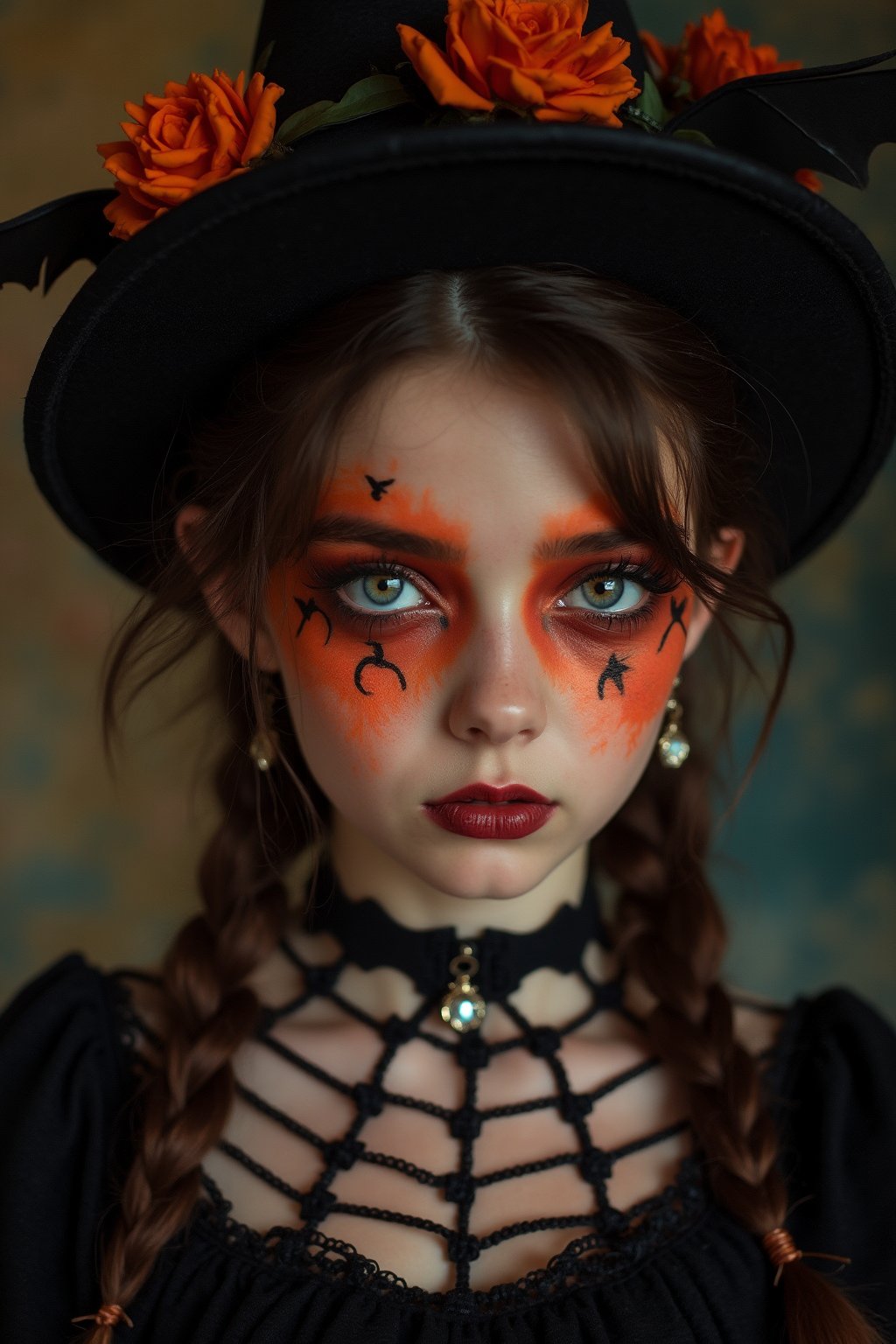 upper body portrait of 15yo cute girl with Halloween paint on face, in Gothic Haloween costume and hat, (glaring at camera:1.5),(gothic),fractal punk, braid hair, matte painting portrait shot, beautiful girl, pink fair skin, she is dressed in Halloween clothes, Pumpkin motif accessories,necklace and earrings, Halloween atmosphere, heavy makeup,orange theme,score_9, score_8_up, score_7_up, score_6_up, score_5_up, score_4_up,