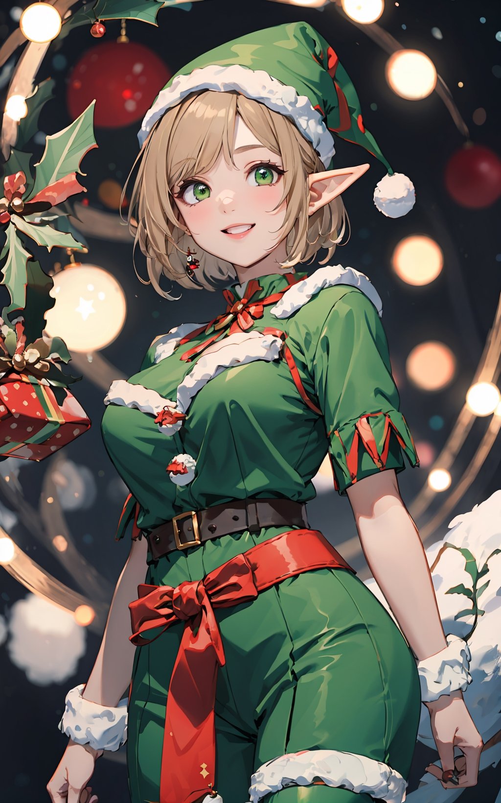 //quality
Masterpiece, ultra detailed, hyper high quality, quality beyond the limits of AI, the ultimate in wisdom, top of the line quality, 8K,
//Character
 elf girl,lovely smile, looking at viewer, large breasts, short hair,light brown pixy hair,streaked hair,multicolored hair,green  eyes, 
//Fashion
 wearing christmas elf's costume, 
//Background,outdoor,snow scenery,christmas decorations, christmas tree,,  shining_sparkle_background,
upper body image , (bokeh:1.3),,1 girl,ChristmasElf,(viewed from below)