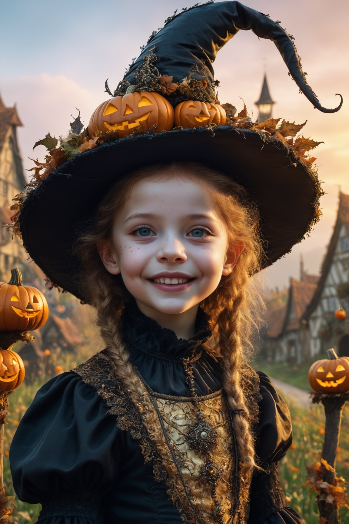 (Aetherpunk style:1.4),wide angle,8k , ultra quality ,nature,pagan imagery,cute very young Halloween witch,10 years old child,(big smile),,art by Giuseppe Arcimboldo,gold detailed,utopia,magic,(Halloween atmosphere),neon detailed,beasts,mages,((in Halloween town,amazing scenery)),(highly detailed:1.2),(ultra realism:1.2), realistic, detailed, textured, skin, hair, eyes, by Alex Huguet, Mike Hill, Ian Spriggs, JaeCheol Park, Marek Denko,(side view:1.5)
,