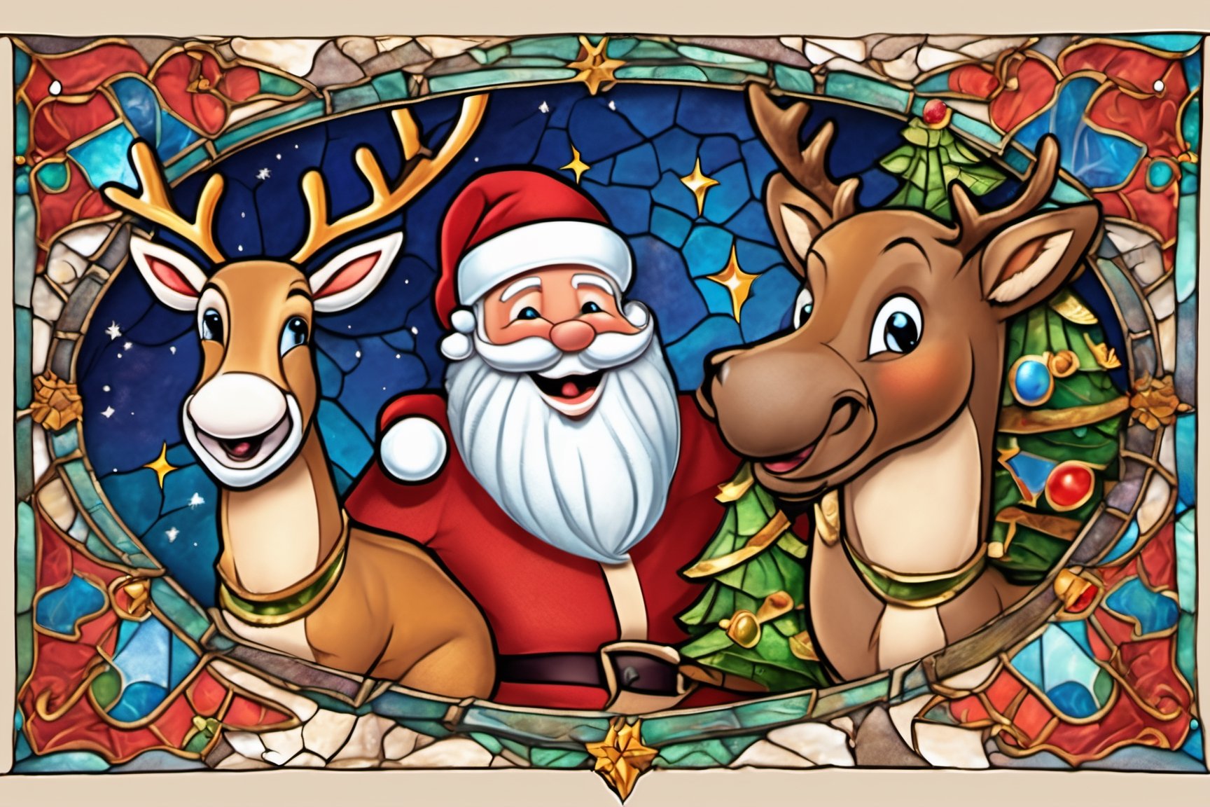 Happy, big smiles on  first christmas,  Santa Claus and reindeer,
 blessed, welcoming , cute, adorable, vintage, art on a cracked paper, fairytale, patchwork, stained glass, storybook detailed illustration, cinematic, ultra highly detailed, tiny details, beautiful details, mystical, luminism, vibrant colors, complex background