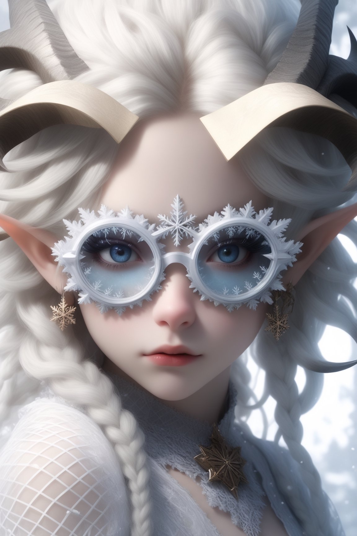 1 girl, (masterful), albino demon girl with lethargic sleepy smokey eyes,(white dreadlocks hair),((slit pupil eyes)),mesh fishnet blouse, (long intricate horns:1.2) ,wearing snowflake glasses,
best quality, highest quality, extremely detailed CG unity 8k wallpaper, detailed and intricate, 
,steampunk style,Glass Elements,snowflake glasses