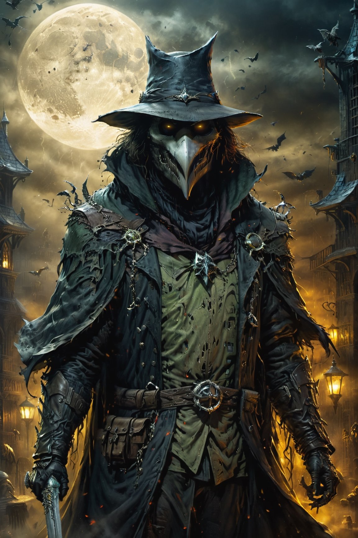 (((Top Quality: 1.4))), (Art by Todd McFarlane and Greg Capullo),Spawn comic style,(Unparalleled Masterpiece),(Ultra High Definition),(Ultra-Realistic 8k CG),chiaroscuro,Plague Doctor,detailed Plague Doctor's clothes ,wearing plague doctor's mask and hat , in dark medieval street,creepy atmosphere, eerie moon light penetrating makes gradient of shadows and adds depth to images, (magic mysterious background,highly detailed baclgound, glowing particles, ethereal fog, faint darkness), hype realistic cover photo awesome full color, Cinematic, (hyper detail: 1.2), perfect anatomy,more detail XL,Leonardo Style,,detailmaster2,((over waist image:1.8)),oil painting