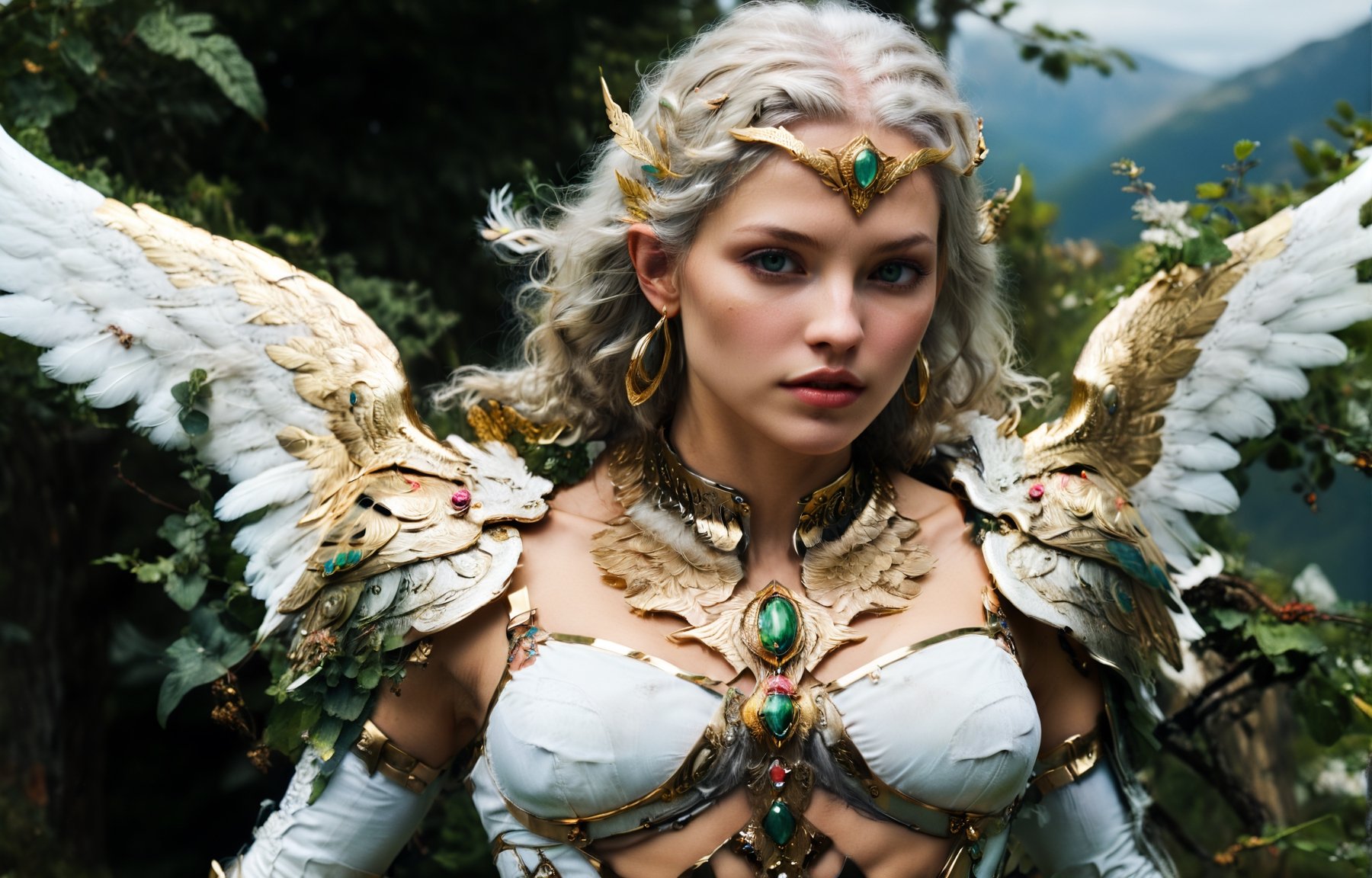 (wide angle),(Aetherpunk style:1.4),8k , ultra quality ,nature,pagan imagery,intricate detailed, beautiful valkyrie ,gold detailed holy gorgeous armor,intricate detailed wide angelic wings,spreading angelic wings wide,utopia,magic,detailed,mages,outdoors,amazing scenery,(highly detailed:1.2),(ultra realism:1.2), realistic, detailed, textured, skin, platinum white hair, green eyes, by Alex Huguet, Mike Hill, Ian Spriggs, JaeCheol Park, Marek Denko
,detailmaster2,more detail XL,(half body image),realistic,3d toon style,xxmix_girl,xxmixgirl