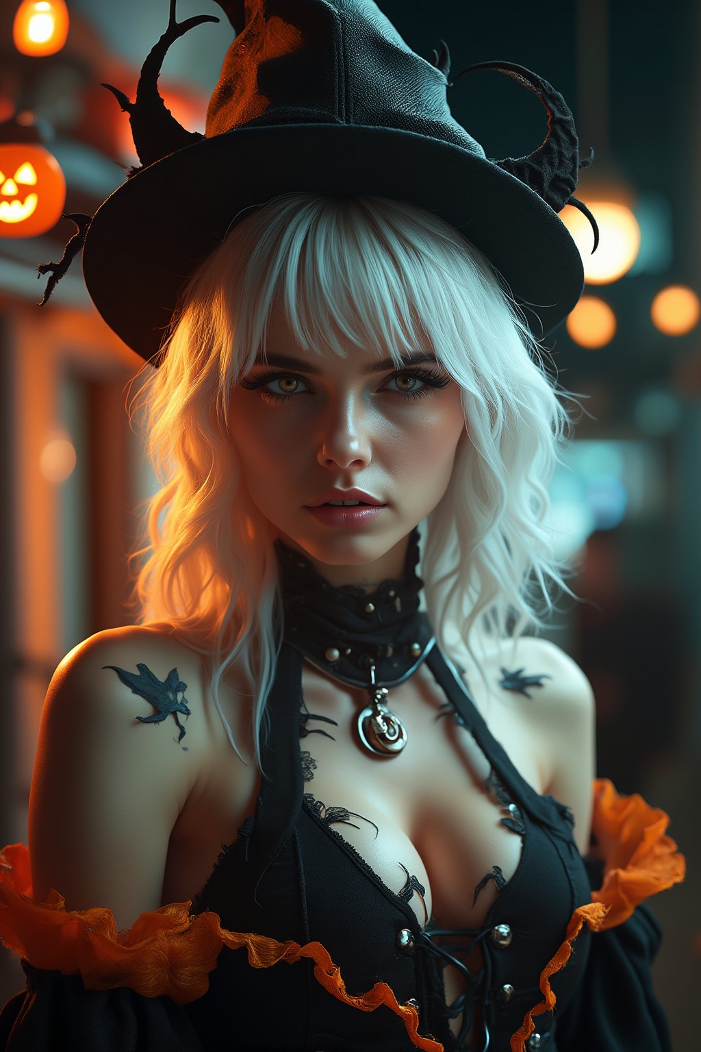 (Best Quality, 8K, 32K, masutepiece:1.3), Ultra-detailed, (Photorealistic:1.4), white colors, albino, Punk Girl, Detailed eyes, Upper body, Luxurious punk hair, Edgy Halloween fashion,(Halloween atmosphere),in Gothic Haloween costume and hat, Pumpkin motif accessories,necklace and earrings,  Avant-garde Halloween makeup, Numerous piercings,,night sky background, Backlight effect, Shallow depth of field, Blurry background,score_9, score_8_up, score_7_up, score_6_up, score_5_up, score_4_up,maya_model