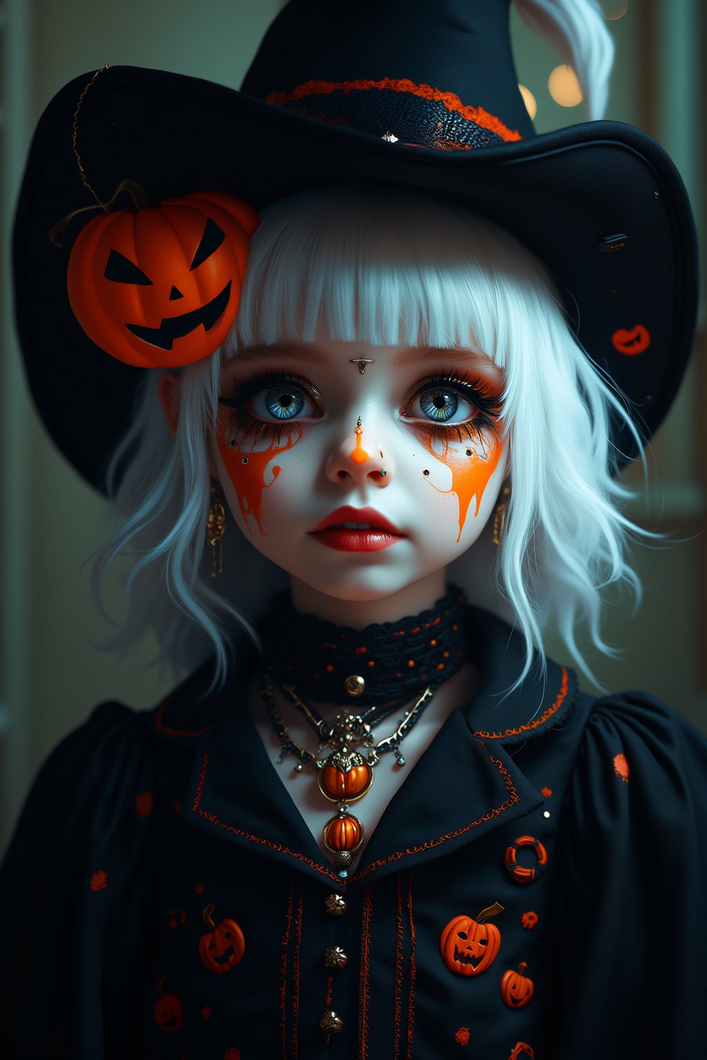 (Best Quality, 8K, 32K, masutepiece:1.3), Ultra-detailed, (Photorealistic:1.4), white colors, albino,Gothic punk girl,12yo Girl with Halloween paint on her face, Detailed eyes, Upper body, Luxurious punk hair, Edgy Halloween fashion,(Halloween atmosphere),in Gothic Haloween costume and hat, Pumpkin motif accessories,necklace and earrings,  Avant-garde Halloween makeup, Numerous piercings,,night sky background, Backlight effect, Shallow depth of field, Blurry background,score_9, score_8_up, score_7_up, score_6_up, score_5_up, score_4_up,