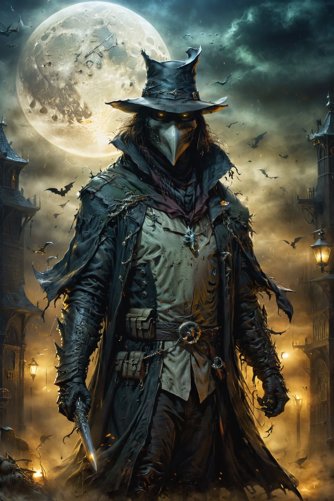 (((Top Quality: 1.4))), (Art by Todd McFarlane and Greg Capullo),Spawn comic style,(Unparalleled Masterpiece),(Ultra High Definition),(Ultra-Realistic 8k CG),chiaroscuro,Plague Doctor,detailed Plague Doctor's clothes ,wearing plague doctor's mask and hat , in dark medieval street,8 life size, eerie moon light penetrating makes gradient of shadows and adds depth to images, (magic mysterious background,highly detailed baclgound, glowing particles, ethereal fog, faint darkness), hype realistic cover photo awesome full color, Cinematic, (hyper detail: 1.2), perfect anatomy,more detail XL,Leonardo Style,,detailmaster2,((over waist image:1.8)),oil painting