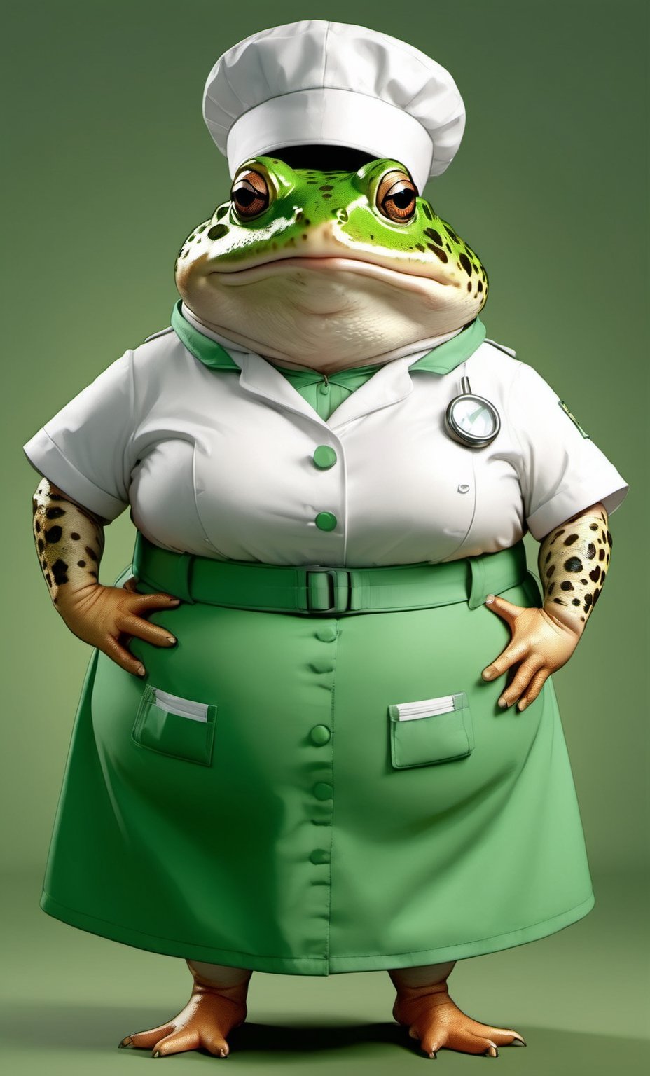  portrait of Dressed animals - a ((fat)) cute toad nurse,(hands on hips:1.5 ),(closed mouth), high quality,(lovely) ,intricate details, highly detailed (( green nurse costume)), wearing nurse cap and skirt , highly detailed medical equipment , (happy), studio lighting,(),(simple background)