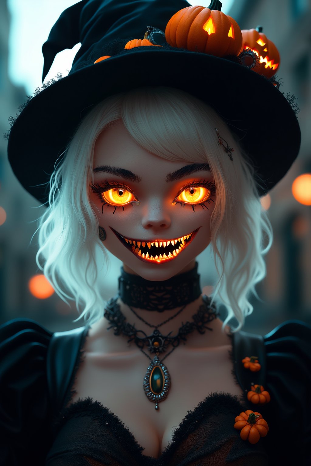 (Best Quality, 8K, 32K, masutepiece:1.3), Ultra-detailed, (Photorealistic:1.4), white colors, albino,gothic punk girl,15yo cute Girl with Halloween heavy paint on her face, Detailed eyes, Upper body, Luxurious punk hair, Edgy Halloween fashion,(Halloween atmosphere),in Gothic Haloween costume and hat, Pumpkin motif accessories,necklace and earrings,  Avant-garde Halloween makeup, Numerous piercings,,night sky background, Backlight effect, Shallow depth of field, Blurry background,score_9, score_8_up, score_7_up, score_6_up, score_5_up, score_4_up,