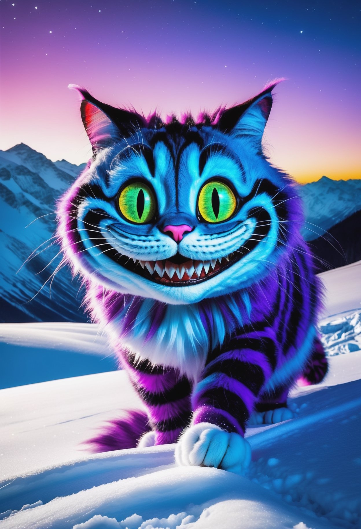 RAW photo, realistic photography, (realistic Cheshire Cat:1.5) wandering through the untouched purity of the snow-clad Himalayas, creepy big smile, a mythical tapestry of frost under the spectral dance of the auroras