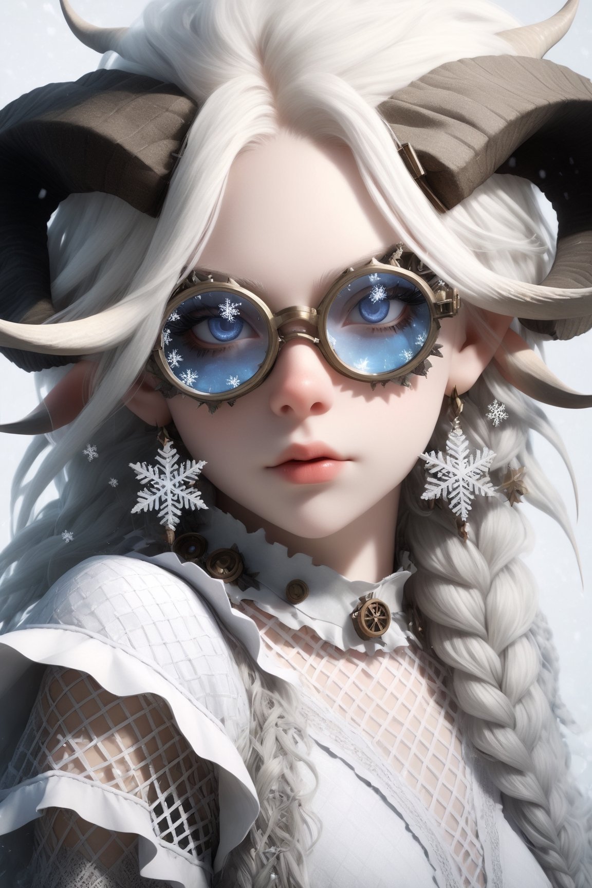 1 girl, (masterful), albino demon girl with lethargic sleepy smokey eyes,(white dreadlocks hair),((slit pupil eyes)),mesh fishnet blouse, (long intricate horns:1.2) ,wearing snowflake glasses,
best quality, highest quality, extremely detailed CG unity 8k wallpaper, detailed and intricate, 
,steampunk style,Glass Elements,snowflake glasses