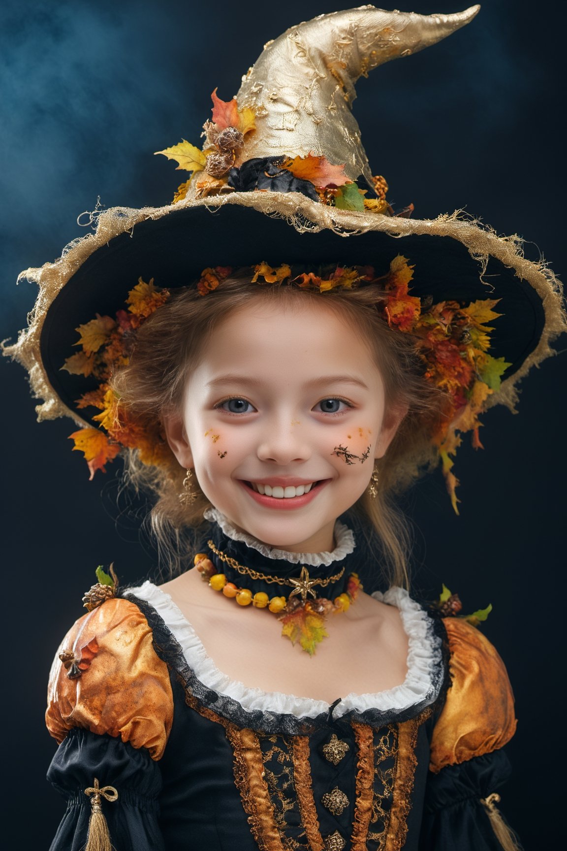 (Aetherpunk style:1.4),wide angle,8k , ultra quality ,nature,pagan imagery,cute very young Halloween witch,10 years old child,(big smile),,art by Giuseppe Arcimboldo,gold detailed,utopia,magic,(Halloween atmosphere),neon detailed,beasts,mages,((in Halloween town,amazing scenery)),(highly detailed:1.2),(ultra realism:1.2), realistic, detailed, textured, skin, hair, eyes, by Alex Huguet, Mike Hill, Ian Spriggs, JaeCheol Park, Marek Denko,(side view:1.5)
,