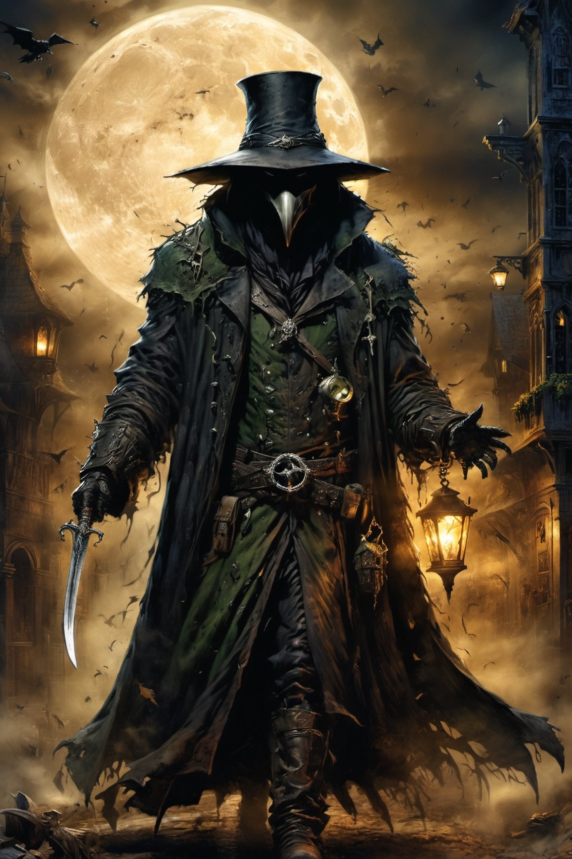 (((Top Quality: 1.4))), (Art by Todd McFarlane and Greg Capullo),Spawn comic style,(Unparalleled Masterpiece),(Ultra High Definition),(Ultra-Realistic 8k CG),chiaroscuro,Plague Doctor,detailed Plague Doctor's clothes ,wearing plague doctor's mask and hat , in dark medieval street,creepy atmosphere, eerie moon light penetrating makes gradient of shadows and adds depth to images, (magic mysterious background,highly detailed baclgound, glowing particles, ethereal fog, faint darkness), hype realistic cover photo awesome full color, Cinematic, (hyper detail: 1.2), perfect anatomy,more detail XL,Leonardo Style,,detailmaster2,((over waist image:1.8)),oil painting