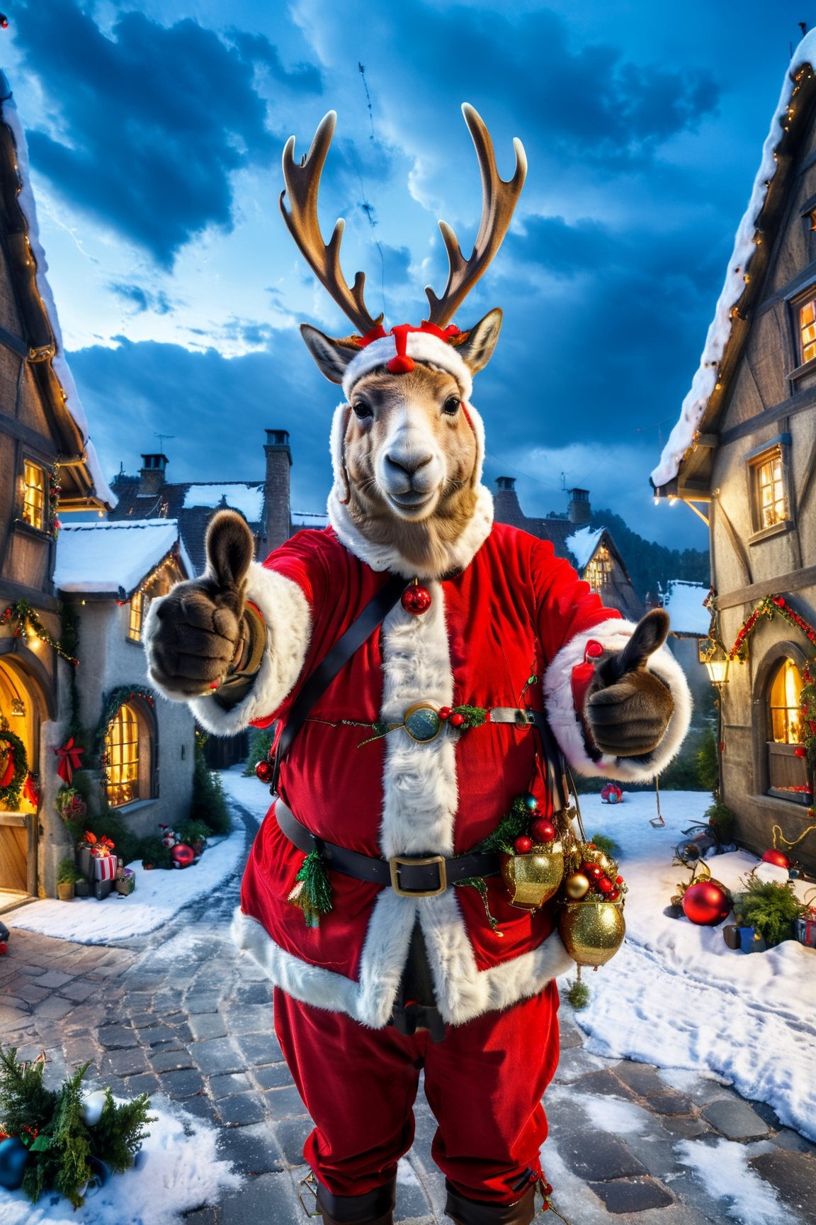 hd,2k,4k,hight quality,A photorealistic, high-resolution ,photorealistic portrait of Dressed animals - a reindeer operator, wearing a construction helmet, holding many Christmas ornaments,standing in front of medieval Santa Claus's house  . The reindeer should look sturdy and unfazed despite the harsh weather conditions. The construction helmet should fit well on the reindeer's head,  various elements like cranes, house under construction, both arms are full  of Christmas ornaments  ,Christmas atmosphere,  and perhaps even lightning in the background. The image should capture the drama and urgency of the situation while highlighting the llama's unique presence in this industrial setting,(thumbs up,selfie:1.5),happy,more detail XL