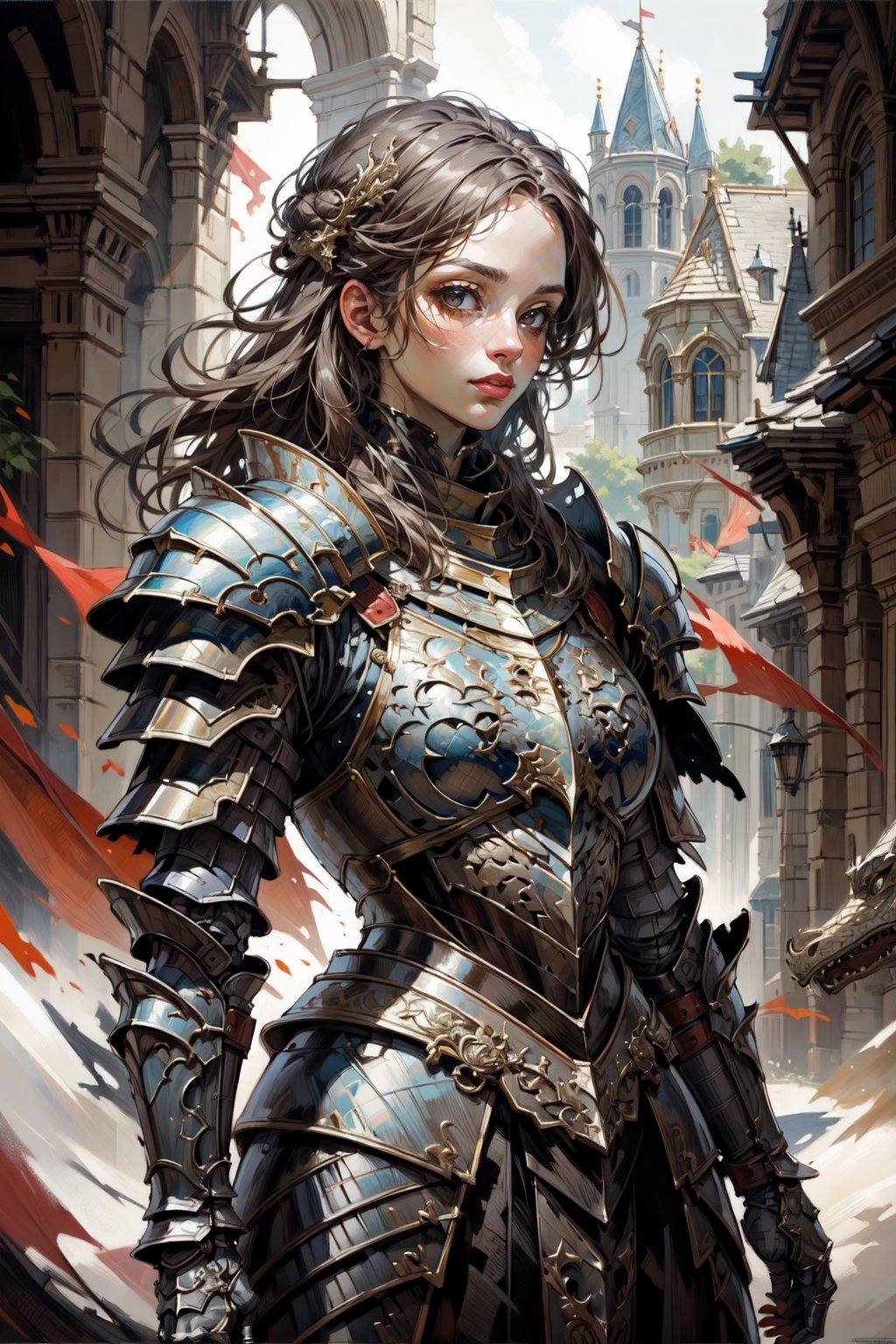 masterpiece,absurdres,best quality,extremely detailed,highres,A woman,knight in dragon armor,sideways,oil painting,classic painting,dragon armor