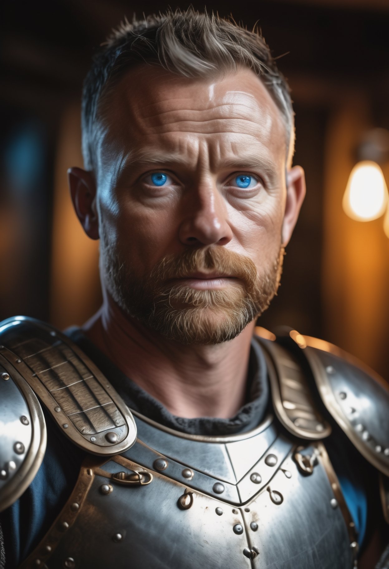 RAW photo, portrait of a 30 year old warrior, wearing shiny metal armor, full sharp, detailed face, blue eyes, (high detailed skin:1.2), 8k uhd, dslr, soft lighting, high quality, film grain, Fujifilm XT3 he is standing in a dim lit dark tavern, chiaroscuro style
