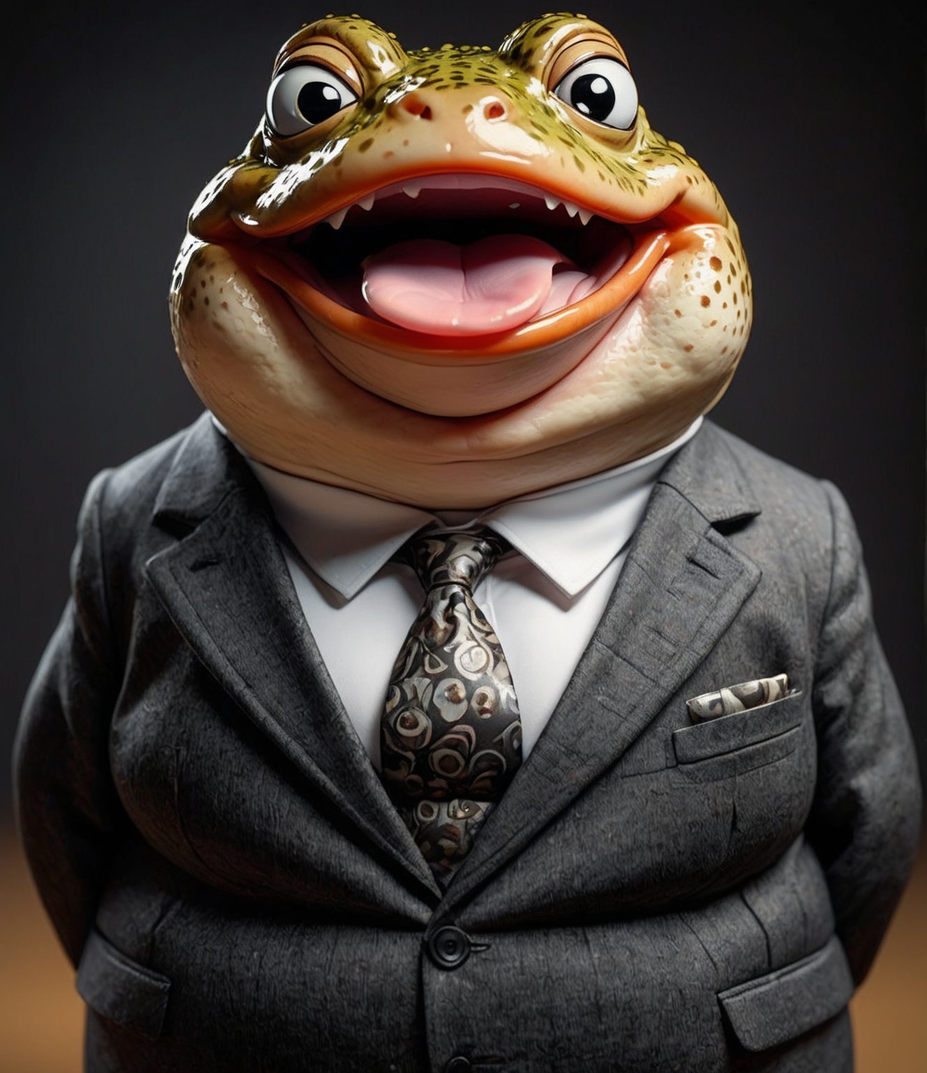 face close up photo of anthropomorphic (fat) baby toad,(tongue), (lovely),dressed in a dark gray suit, (sticking out tongue:1.5),(happy smiling eyes:1.5),(smile:1.2),wearing glasses, soft lighting, Cinematic, hdr, primitive, Intricate, High quality, smoothing tones, Intricate details, Low contrast,(viewed from side:2.0), (looking at viewer:1.5), simple background,comic book