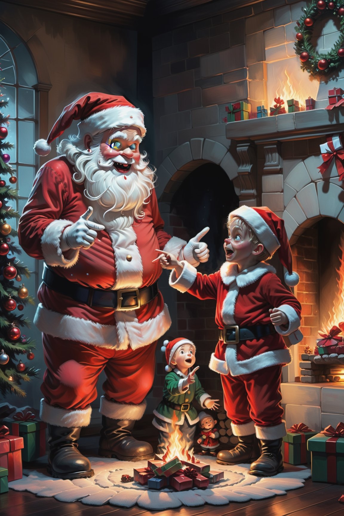 2D, creepy, cute Santa Claus and a little boy, ,they are pointing at each other,
Christmas presents around there,Christmas tree in front of　fireplace,light from fireplace makes beautiful gradient of shadow and adds depth to image ,dark living room background,(style of Skottie Young:1.3) 
(masterpiece,best quality:1.5),PEOPShockedFace,shocked face