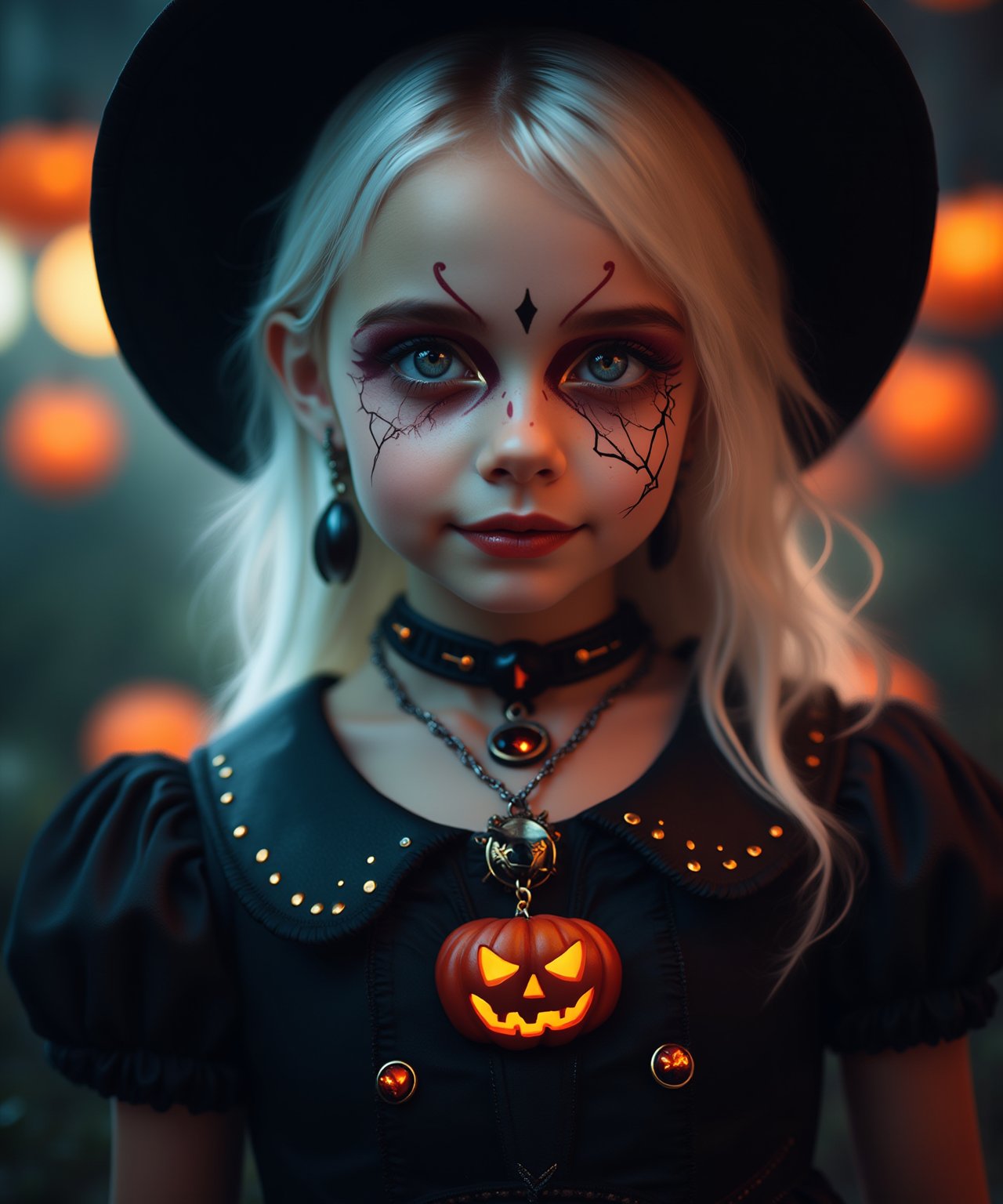 (Best Quality, 8K, 32K, masutepiece:1.3), Ultra-detailed, (Photorealistic:1.4), white colors, albino,15yo cute Girl with Halloween heavy paint on her face, child-like face,Detailed eyes, Upper body, Luxurious punk hair, Edgy Halloween fashion,(Halloween atmosphere),in Gothic Halloween costume and hat,jack-o-lantern motif accessories,necklace and earrings,  Avant-garde Halloween makeup, Numerous piercings,,night sky background, Backlight effect, Shallow depth of field, Blurry background,score_9, score_8_up, score_7_up, score_6_up, score_5_up, score_4_up,