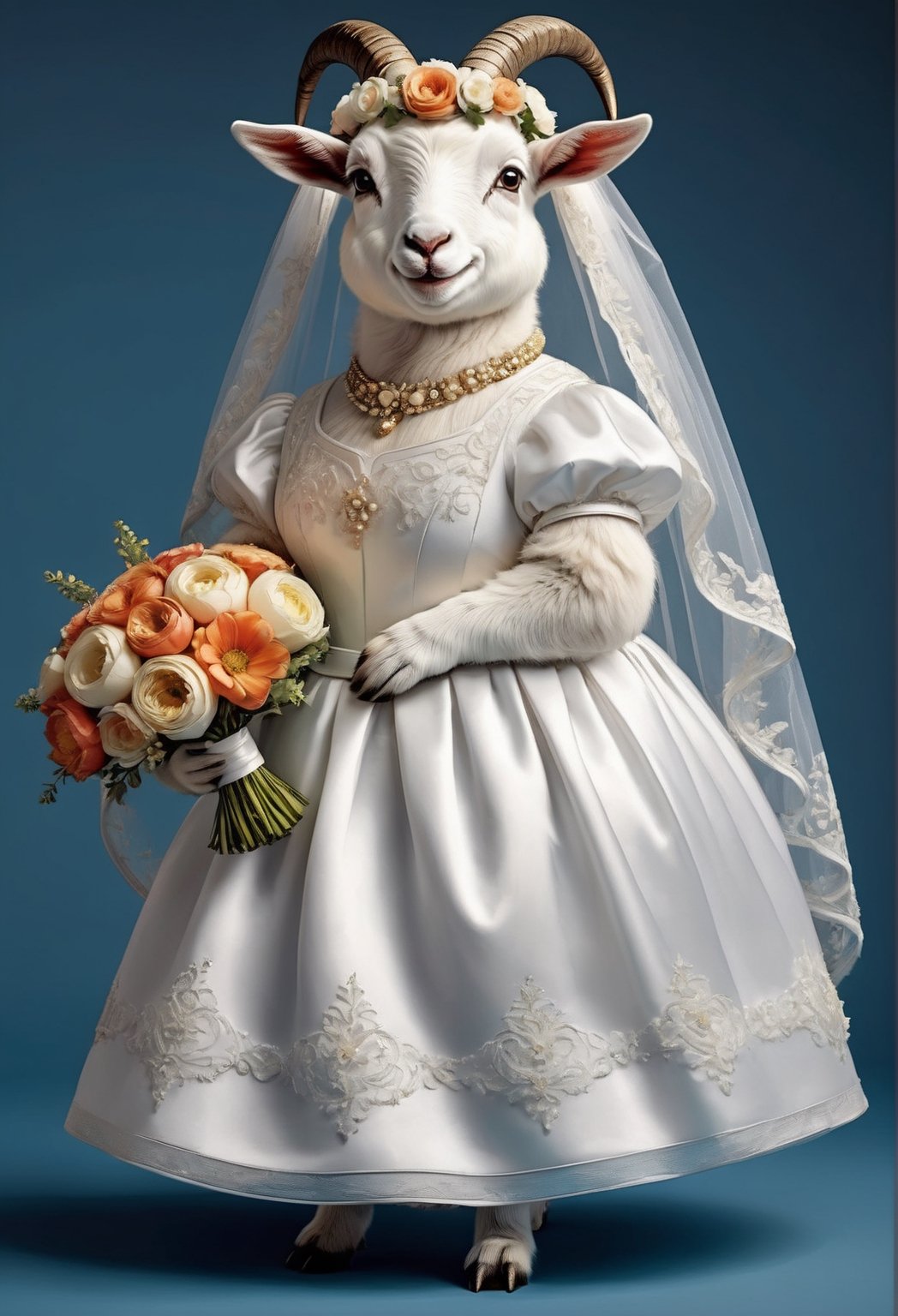  portrait of Dressed animals - a ((fat)) baby goat,(elegant pose),(closed mouth),(frurry), high quality,(lovely) ,intricate details, highly detailed ((wedding dress)),wearing opera globes ,wearing highly detailed veil, highly detailed decorations ,holding flower bouquet, (happy), studio lighting,(full body image:1.5),comic book