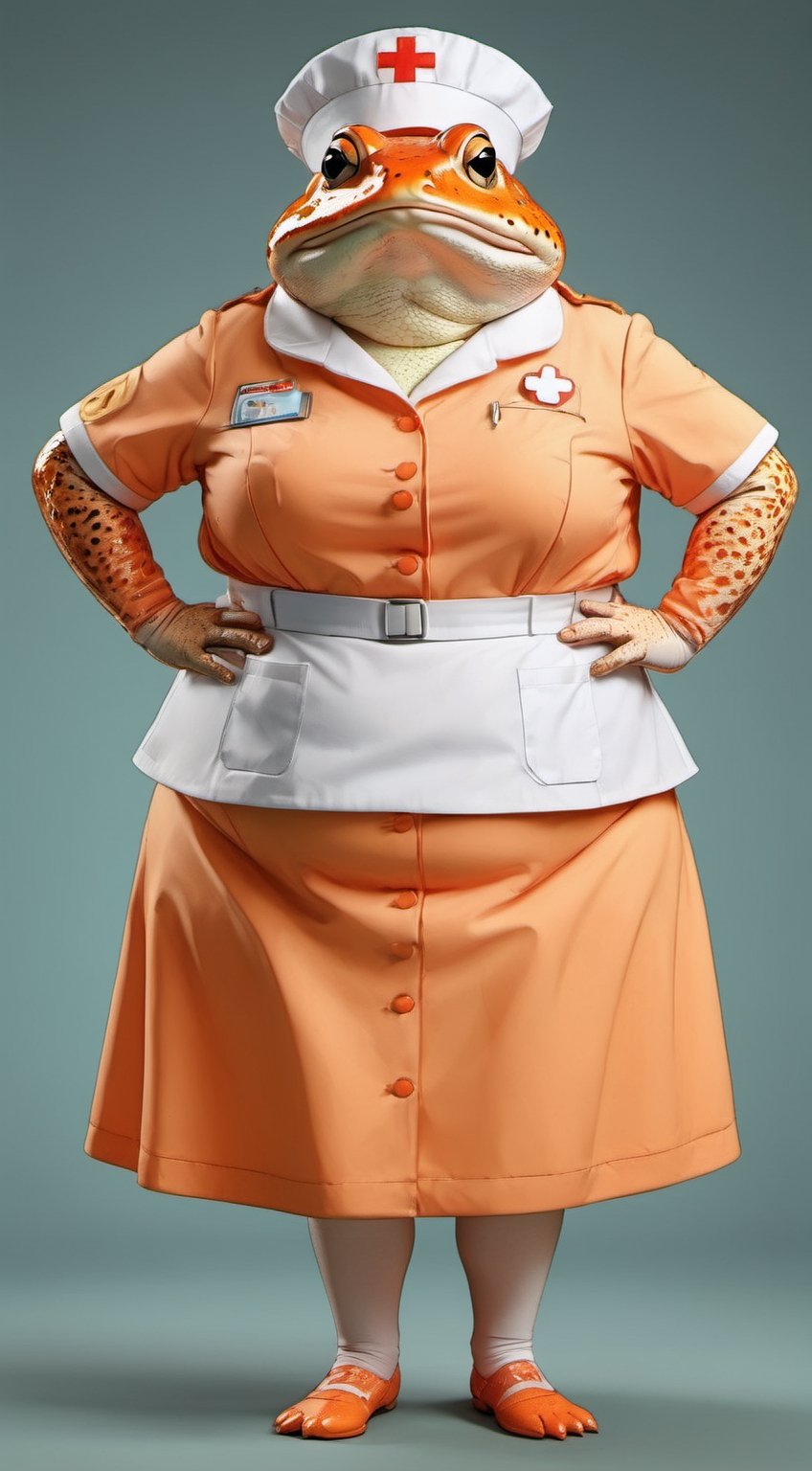  portrait of Dressed animals - a ((fat)) cute toad nurse,(hands on hips:1.5 ),(closed mouth), high quality,(lovely) ,intricate details, highly detailed (( orange nurse costume)), wearing nurse cap and skirt , highly detailed medical equipment , (happy), studio lighting,(),(simple background)