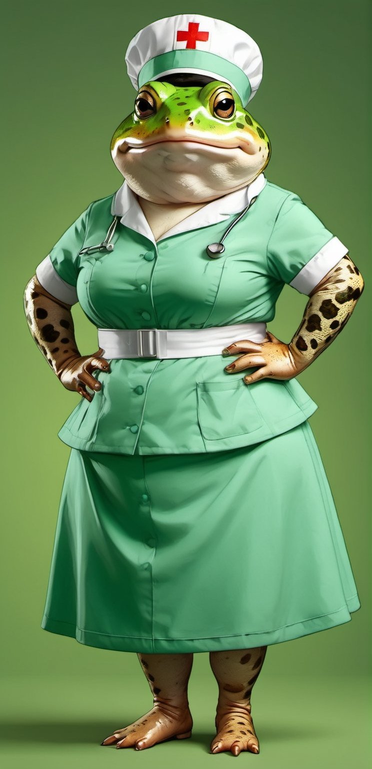  portrait of Dressed animals - a ((fat)) cute toad nurse,(hands on hips:1.5 ),(closed mouth), high quality,(lovely) ,intricate details, highly detailed (( green nurse costume)), wearing nurse cap and skirt , highly detailed medical equipment , (happy), studio lighting,(),(simple background)