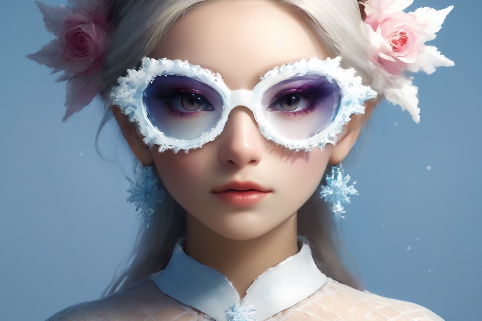 Create a modern-styled portrait of a gentle lady inspired by roses and love, wearing snowflake glasses,utilizing the vibrant color palettes and sleek lines reminiscent of the works by Chinese contemporary artist Zhang Xiaogang.,Enhance,Daughter of Dragon God,Young beauty spirit ,Perfect skin,sfglasees,