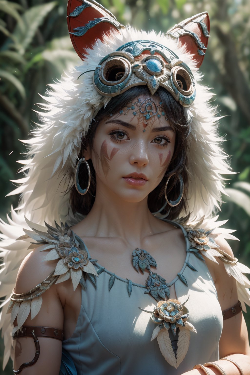 fashion photography portrait of 1girl, princess mononoke,(wearing (princess mononoke coscume)),standing,face paint,muscular body,slim abs,in blue lush jungle with flowers , 3d render, cgi, symetrical, octane render, 35mm, bokeh, 9:16, (intricate details:1.12), hdr, (intricate details, hyperdetailed:1.15), (natural skin texture, hyperrealism, soft light, sharp:1.2),(upper body image:1.5),realistic,realism,photorealistic,Masterpiece,nargacuga armor,Realism,More Detail,princessmononoke,character,1 girl,,