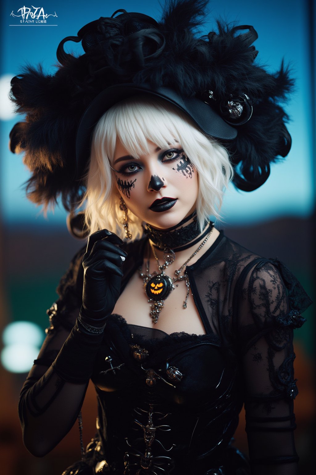 (Best Quality, 8K, 32K, masutepiece:1.3), Ultra-detailed, (Photorealistic:1.4), white colors, albino,15yo Punk Girl with Halloween paint on her face, Detailed eyes, Upper body, Luxurious punk hair, Edgy Halloween fashion,(Halloween atmosphere),in Gothic Haloween costume and hat, Pumpkin motif accessories,necklace and earrings,  Avant-garde Halloween makeup, Numerous piercings,,night sky background, Backlight effect, Shallow depth of field, Blurry background,score_9, score_8_up, score_7_up, score_6_up, score_5_up, score_4_up,reversal film photography