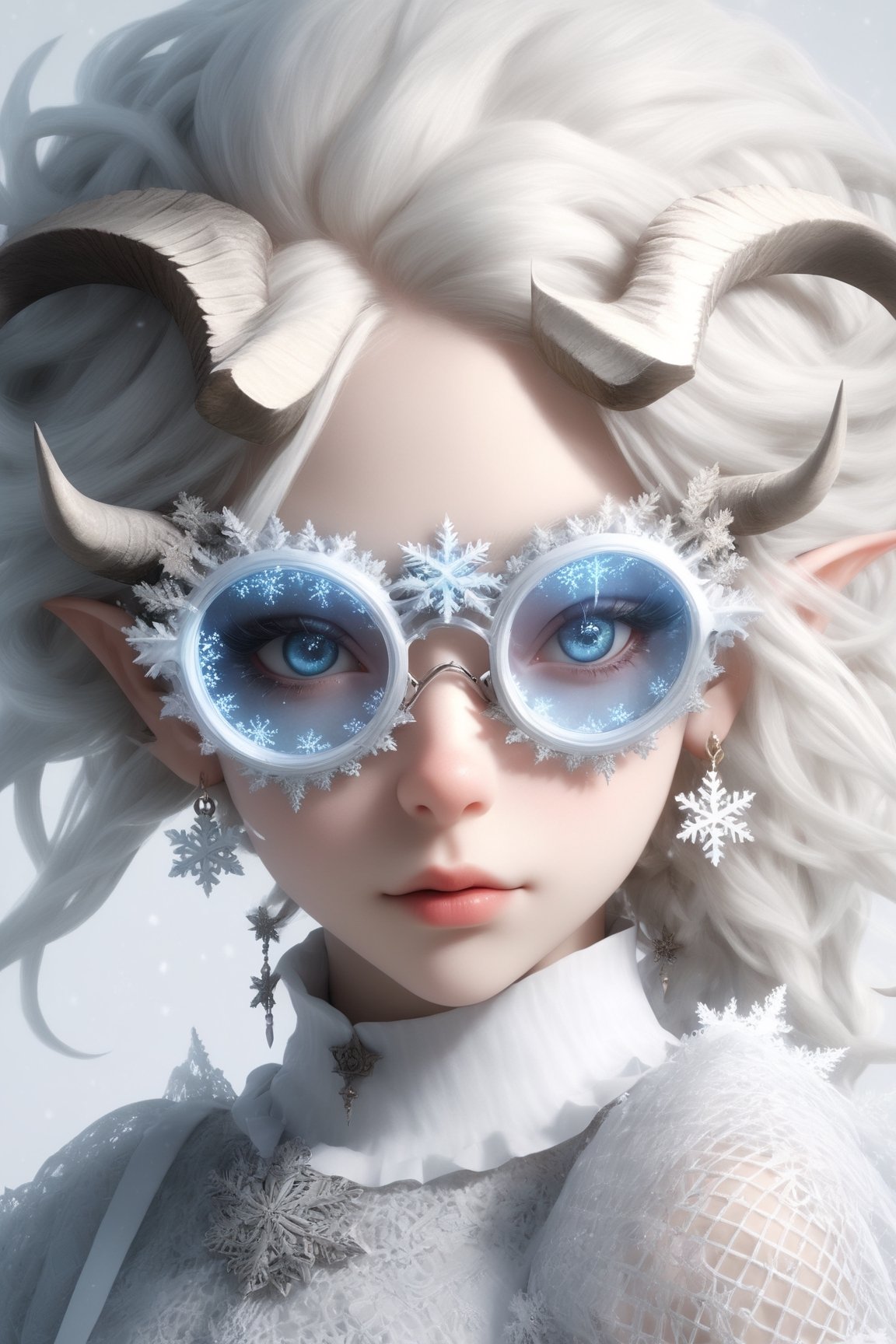 1 girl, (masterful), albino demon girl with lethargic sleepy smokey eyes,(white dreadlocks hair),((slit pupil eyes)),mesh fishnet blouse, (long intricate horns:1.2) ,wearing snowflake glasses,
best quality, highest quality, extremely detailed CG unity 8k wallpaper, detailed and intricate, 
,steampunk style,Glass Elements,snowflake glasses