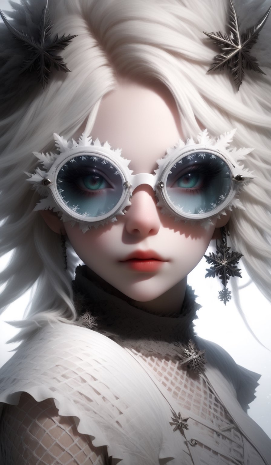 1 girl, (masterful), albino demon girl with lethargic sleepy smokey eyes,wearing snowflake glases,(white dreadlocks hair),((slit pupil eyes)),mesh fishnet blouse, (long intricate horns:1.2) ,
best quality, highest quality, extremely detailed CG unity 8k wallpaper, detailed and intricate, 
,steampunk style,Glass Elements,sfglasses