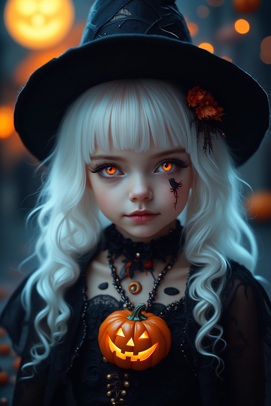 (Best Quality, 8K, 32K, masutepiece:1.3), Ultra-detailed, (Photorealistic:1.4), white colors, albino,Gothic punk girl,12yo cute Girl with Halloween paint on her face, Detailed eyes, Upper body, Luxurious punk hair, Edgy Halloween fashion,(Halloween atmosphere),in Gothic Haloween costume and hat, Pumpkin motif accessories,necklace and earrings,  Avant-garde Halloween makeup, Numerous piercings,,night sky background, Backlight effect, Shallow depth of field, Blurry background,score_9, score_8_up, score_7_up, score_6_up, score_5_up, score_4_up,