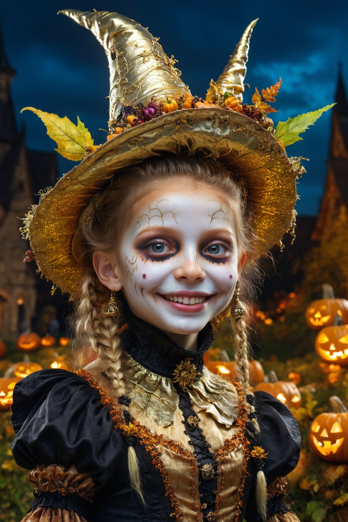 (Aetherpunk style:1.4),wide angle,8k , ultra quality ,nature,pagan imagery,cute very young Halloween witch,10 years old girl,(big smile),,art by Giuseppe Arcimboldo,gold detailed,utopia,magic,(Halloween atmosphere),neon detailed,beasts,mages,((in Halloween town,amazing scenery)),(highly detailed:1.2),(ultra realism:1.2), realistic, detailed, textured, skin, hair, eyes, by Alex Huguet, Mike Hill, Ian Spriggs, JaeCheol Park, Marek Denko,(side view:1.5)
,