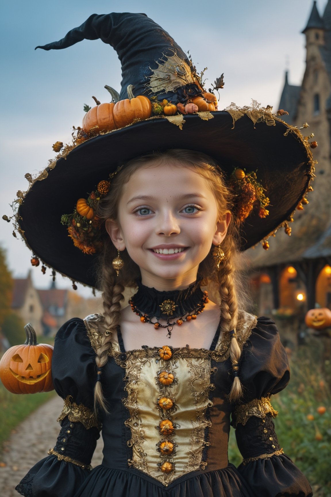 (Aetherpunk style:1.4),wide angle,8k , ultra quality ,nature,pagan imagery,cute very young Halloween witch,10 years old girl,(lovely smile),,art by Giuseppe Arcimboldo,gold detailed,utopia,magic,(Halloween atmosphere),neon detailed,beasts,mages,((in Halloween town,amazing scenery)),(highly detailed:1.2),(ultra realism:1.2), realistic, detailed, textured, skin, hair, eyes, by Alex Huguet, Mike Hill, Ian Spriggs, JaeCheol Park, Marek Denko,(side view:1.5)
,