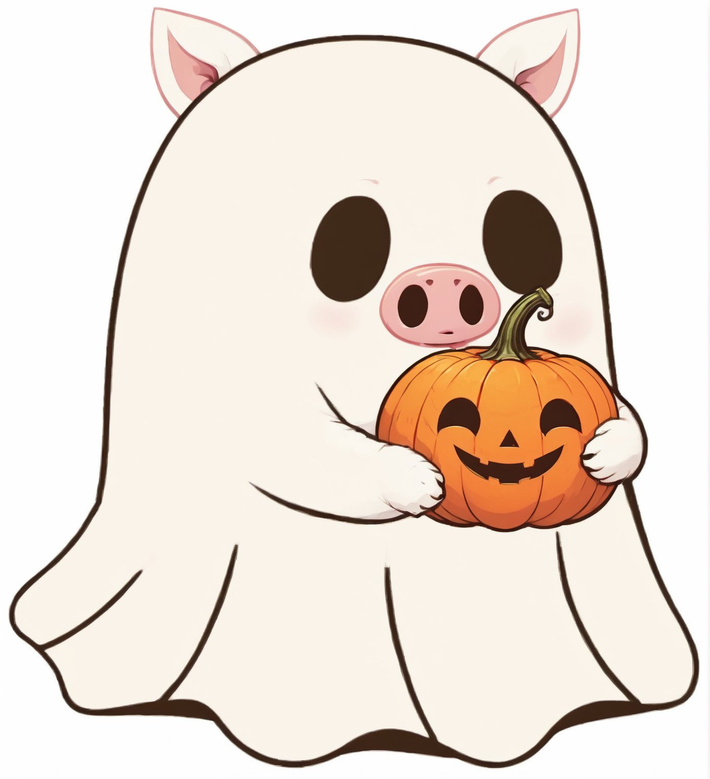 realistic illustration of  ghost, high quality,(cute) ,(),intricate detailed ghost, ,pig ears , pig nose,,holding pumpkin,Halloween atmosphere, simple  white background,score_9, score_8_up, score_7_up, score_6_up, score_5_up, score_4_up,comic book