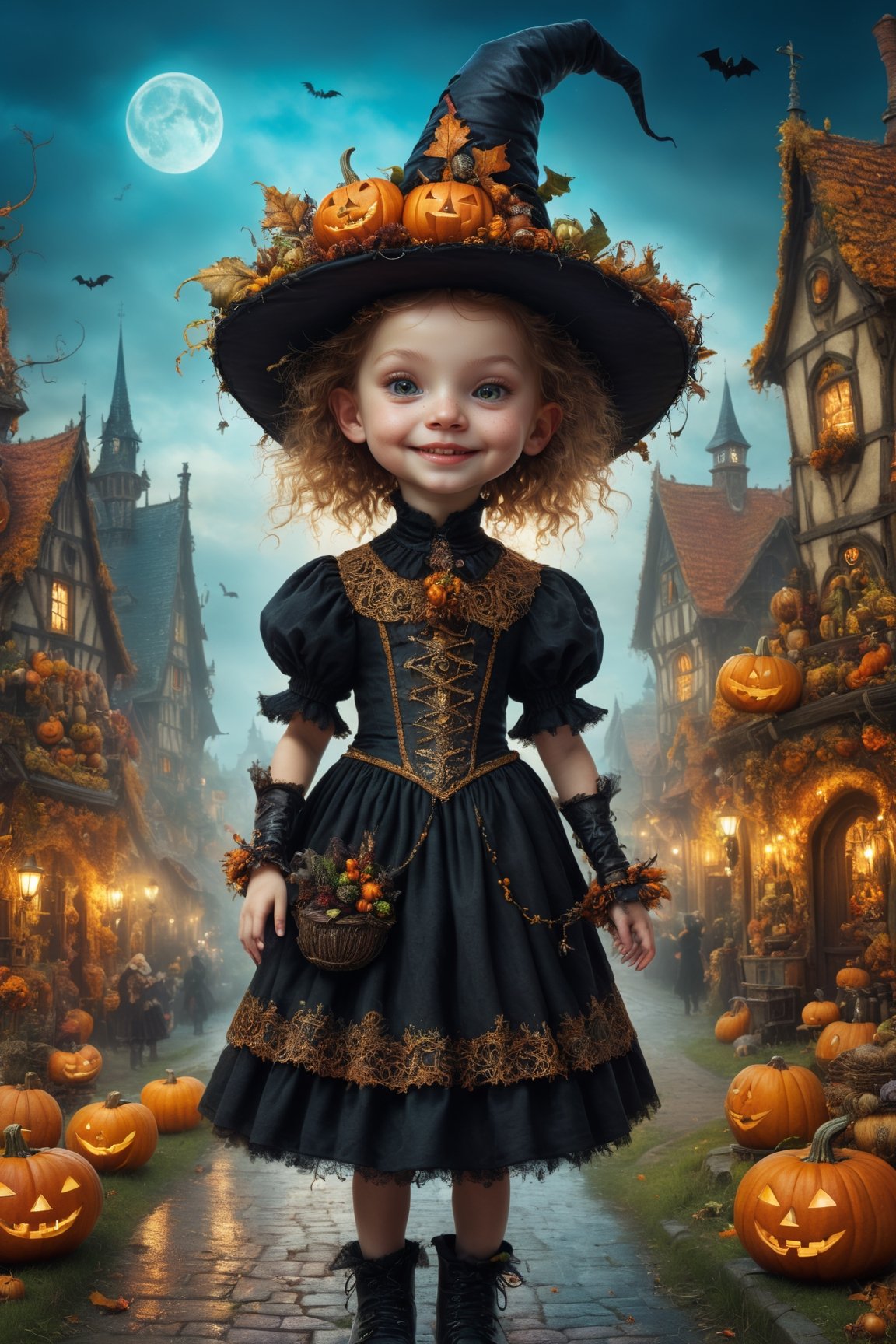 (Aetherpunk style:1.4),wide angle,8k , ultra quality ,nature,pagan imagery,cute very young Halloween witch,10 years old child,(big smile),,art by Giuseppe Arcimboldo,gold detailed,utopia,magic,(Halloween atmosphere),neon detailed,beasts,mages,((in Halloween town,amazing scenery)),(highly detailed:1.2),(ultra realism:1.2), realistic, detailed, textured, skin, hair, eyes, by Alex Huguet, Mike Hill, Ian Spriggs, JaeCheol Park, Marek Denko,(side view:1.5)
,