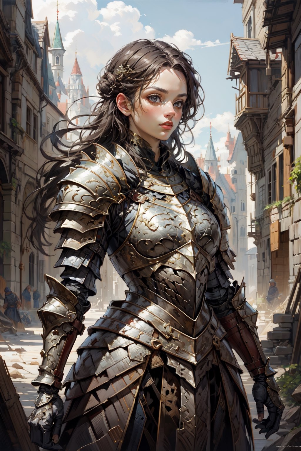 masterpiece,absurdres,best quality,extremely detailed,highres,A woman,knight in dragon armor,sideways,oil painting,classic painting,dragon armor