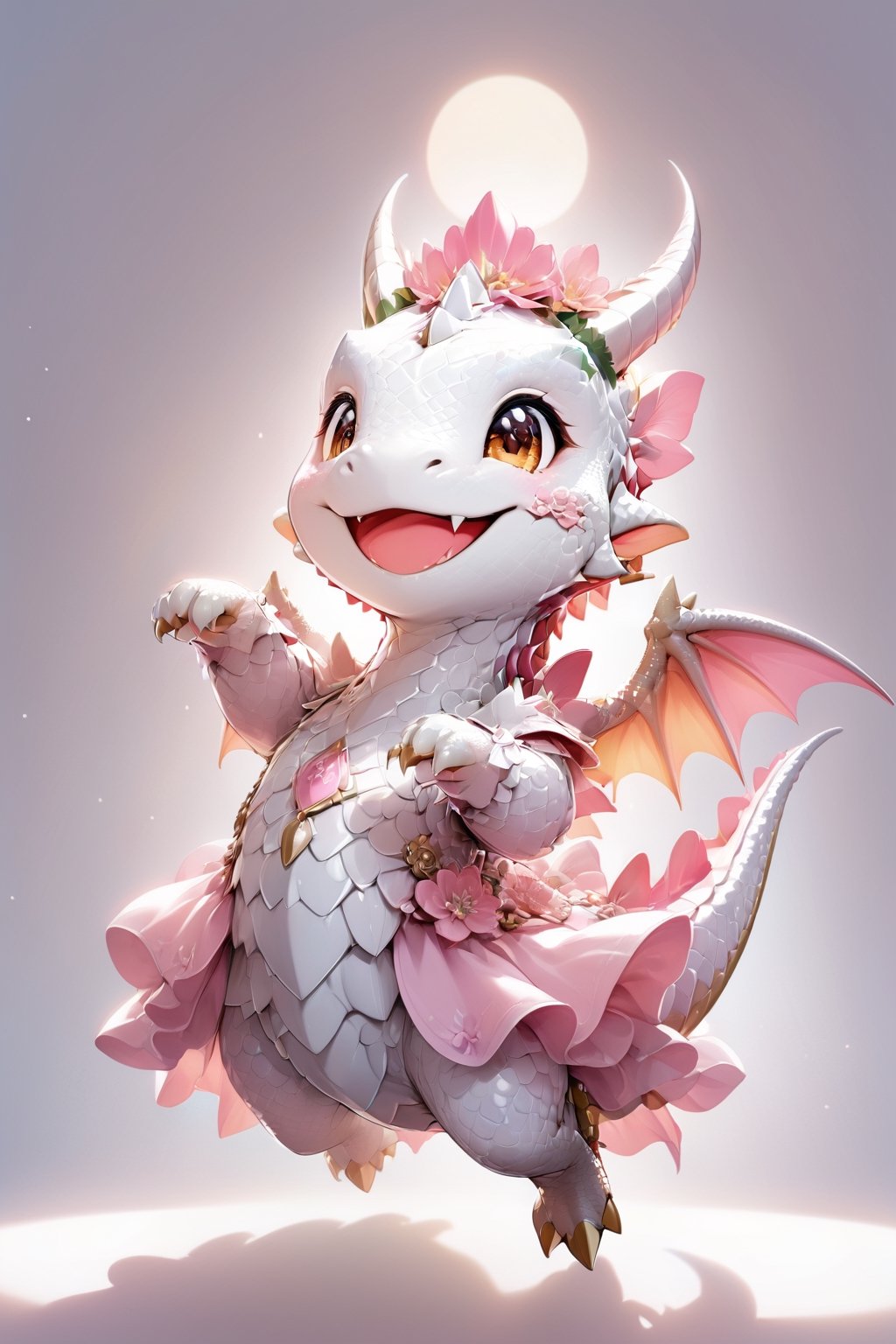  portrait of cute dragon,(dynamic  pose), high quality,(happy atmosphere) ,,smile, , (wind effect), cherry_blossom background,sun light,(full body image:1.5),,cute dragon