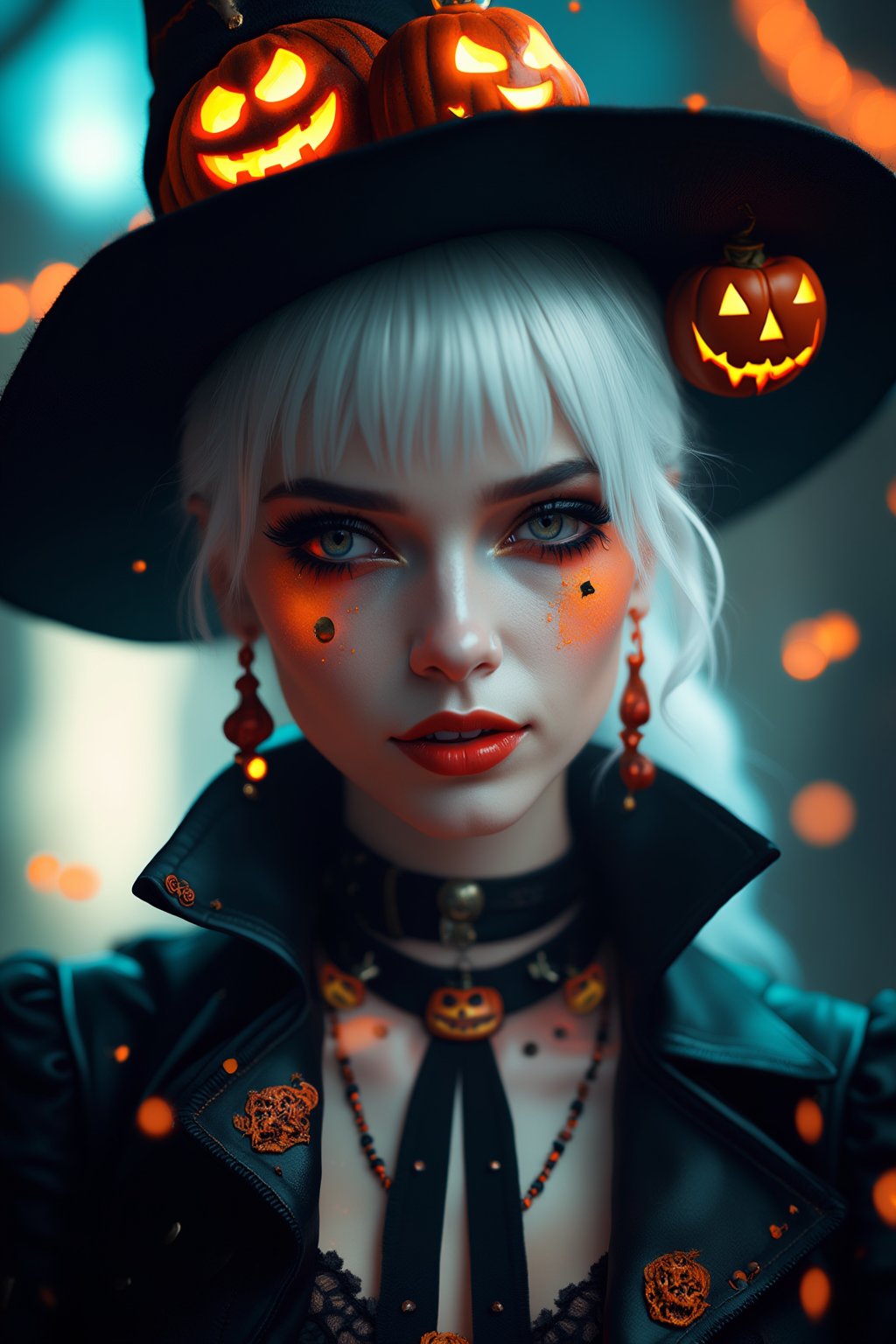 (Best Quality, 8K, 32K, masutepiece:1.3), Ultra-detailed, (Photorealistic:1.4), white colors, albino, Punk Girl with Halloween paint on her face, Detailed eyes, Upper body, Luxurious punk hair, Edgy Halloween fashion,(Halloween atmosphere),in Gothic Haloween costume and hat, Pumpkin motif accessories,necklace and earrings,  Avant-garde Halloween makeup, Numerous piercings,,night sky background, Backlight effect, Shallow depth of field, Blurry background,score_9, score_8_up, score_7_up, score_6_up, score_5_up, score_4_up,maya_model