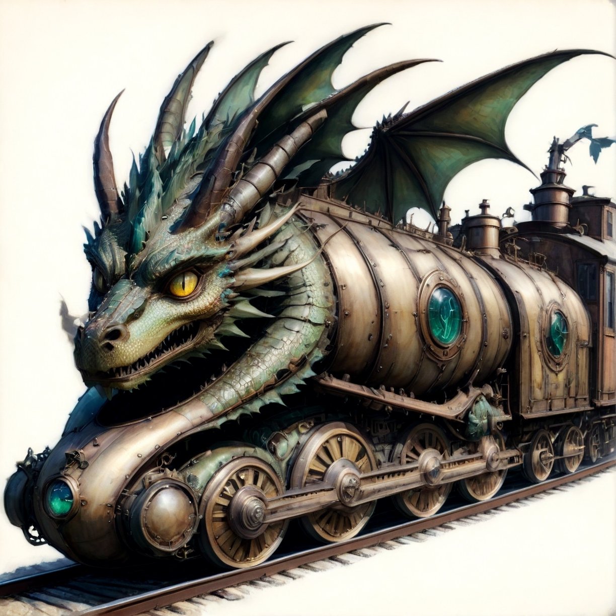 (Best quality, High quality, masterpiece, Watercolor_pencil painting, ligne_claire, Illustration, ), ((stylized art style, painted by Egon Schiele and Gustave Doré and Rembrandt)),, ,image of dragon train,dragon train