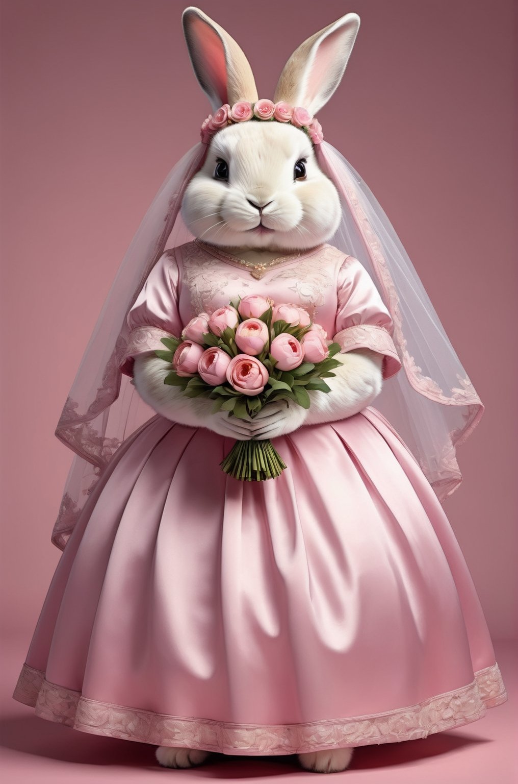 photorealistic portrait of Dressed animals - a ((fat)) cute rabbit,(elegant pose),(closed mouth),(frurry), high quality,(lovely) ,intricate details, highly detailed ((pink wedding dress)),wearing opera globes ,wearing highly detailed veil, highly detailed decorations ,holding flower bouquet, (happy), studio lighting,(full body image:1.5),comic book
