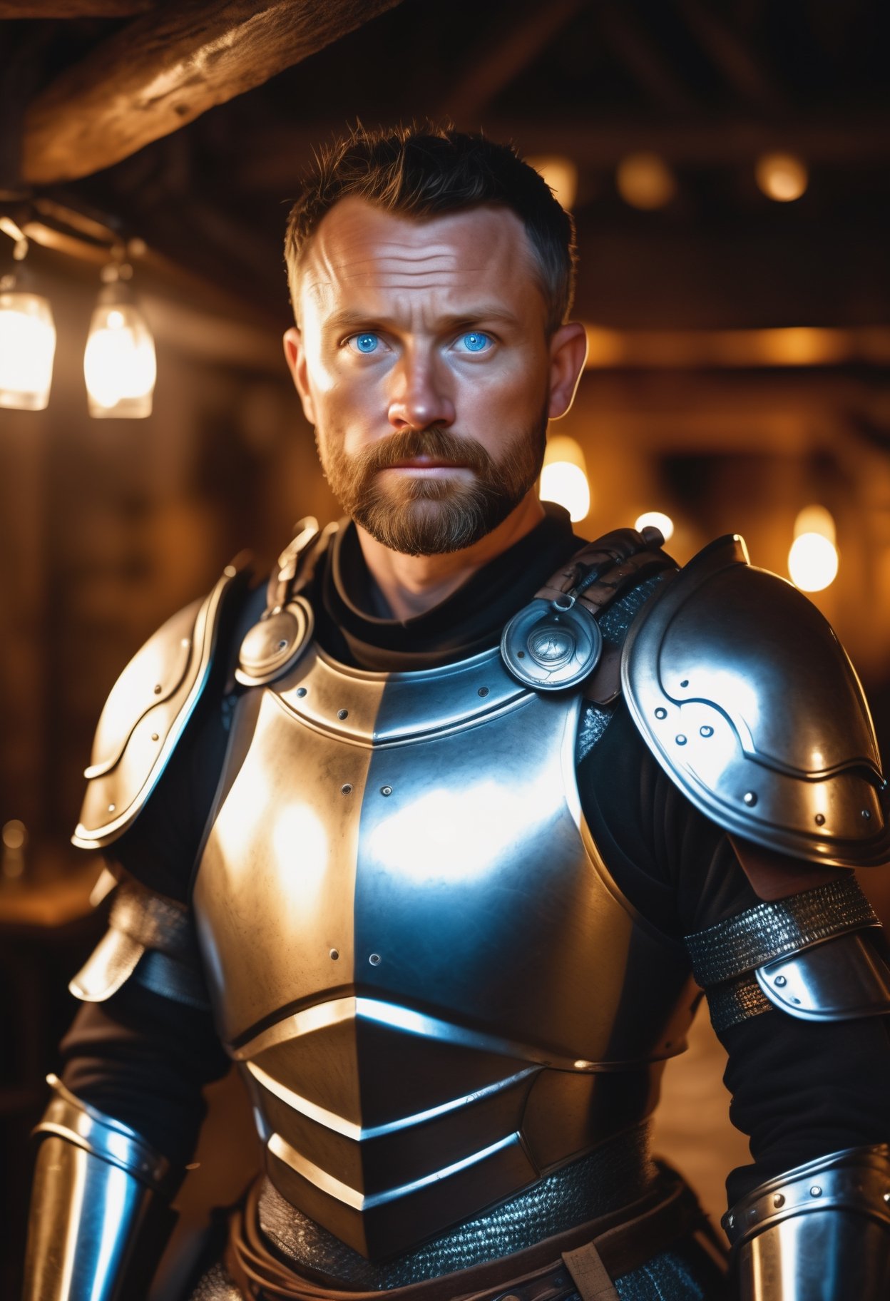 RAW photo, portrait of a 30 year old warrior, wearing shiny metal armor, full sharp, detailed face, blue eyes, (high detailed skin:1.2), 8k uhd, dslr, soft lighting, high quality, film grain, Fujifilm XT3 he is standing in a dim lit dark tavern, chiaroscuro style
